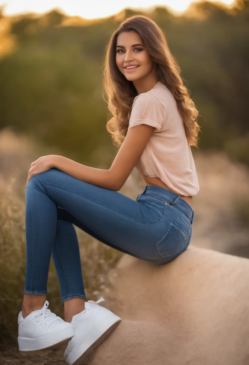 Cute 18 year old girl. belleza femenina. Shy pose. Forma de cuerpo sexy. camiseta blanca sin mangas. Mini falda jeans. en su vida diaria, actividad al aire libre. Cabello rubio largo y lacio.Adolescente muy hermosa. piernas largas.
