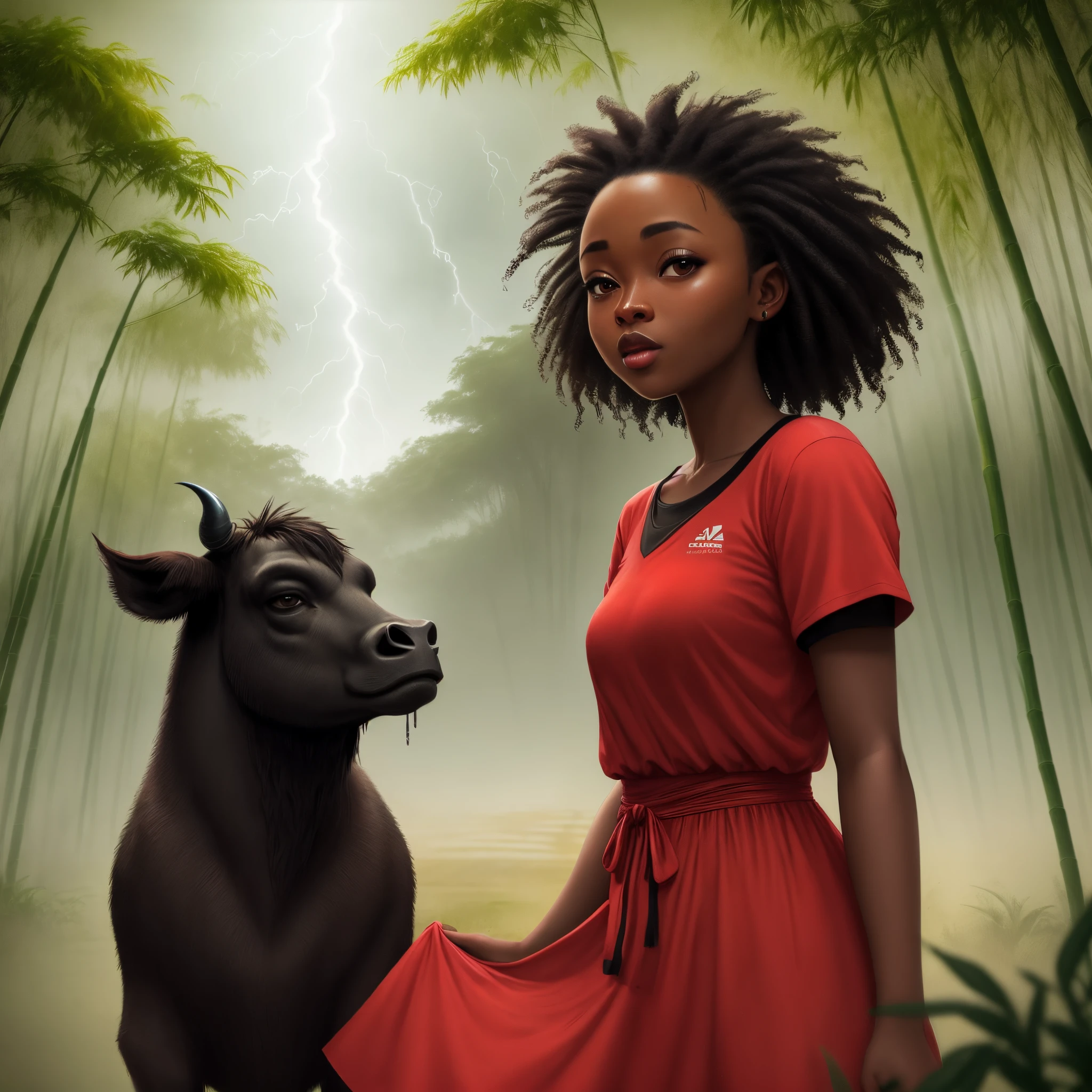 uma jovem de 25 anos, pele negra, cabelo comprido e liso
preto, olhos castanhos, Negroid nose in a red dress in the rain and lightning with bamboo groves and buffaloes and butterflies