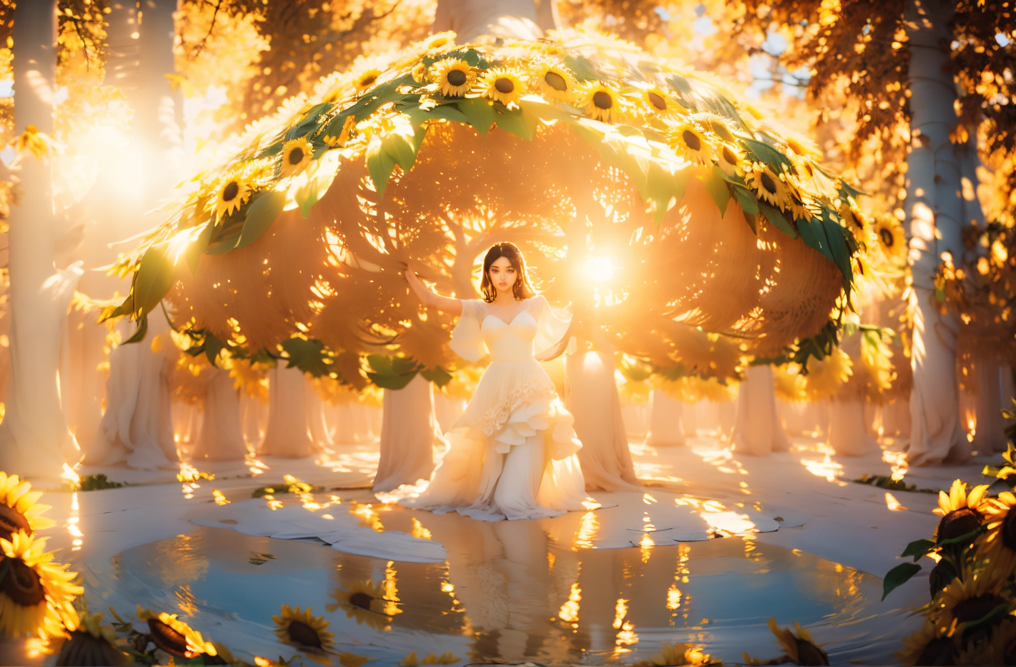 A woman wearing sheer gossamer stands under the towering sunflower tree, her gaze fixed on the intricate patterns of the branches above. The bright white sands beneath her feet seem to glow in the warm sunlight, while the endless blue sky stretches out above her. The scene is bathed in a golden light, as if the sun itself has bestowed its 24k blessing upon this tranquil moment.