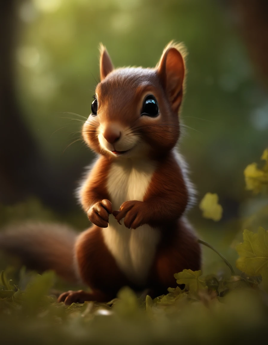 (CBZBB:1.25), Realism,fantasy gremlin, Gremlin looks like a fairy squirrel, ((Ez idna)), in a clearing under an oak tree, holding a large acorn in his paws, wear a dark leather vest with a hood, CBZBB,Cute, Small, baby, Beautiful, Fantasy art, deviant art, trending artstation, Digital Art, Detailed, Realistic, humanoid, character, tiny, Cinematic shot, cinematic portrait of a squirrel, cute character, looks like a mole,close-up of cute little fireflies, illuminating the bush, detailed picture, cgsociety, detailed painting, artstation hd, higly detailed, cgsociety, photo realism, ConceptArt, artstation hd, official arts, bokeh