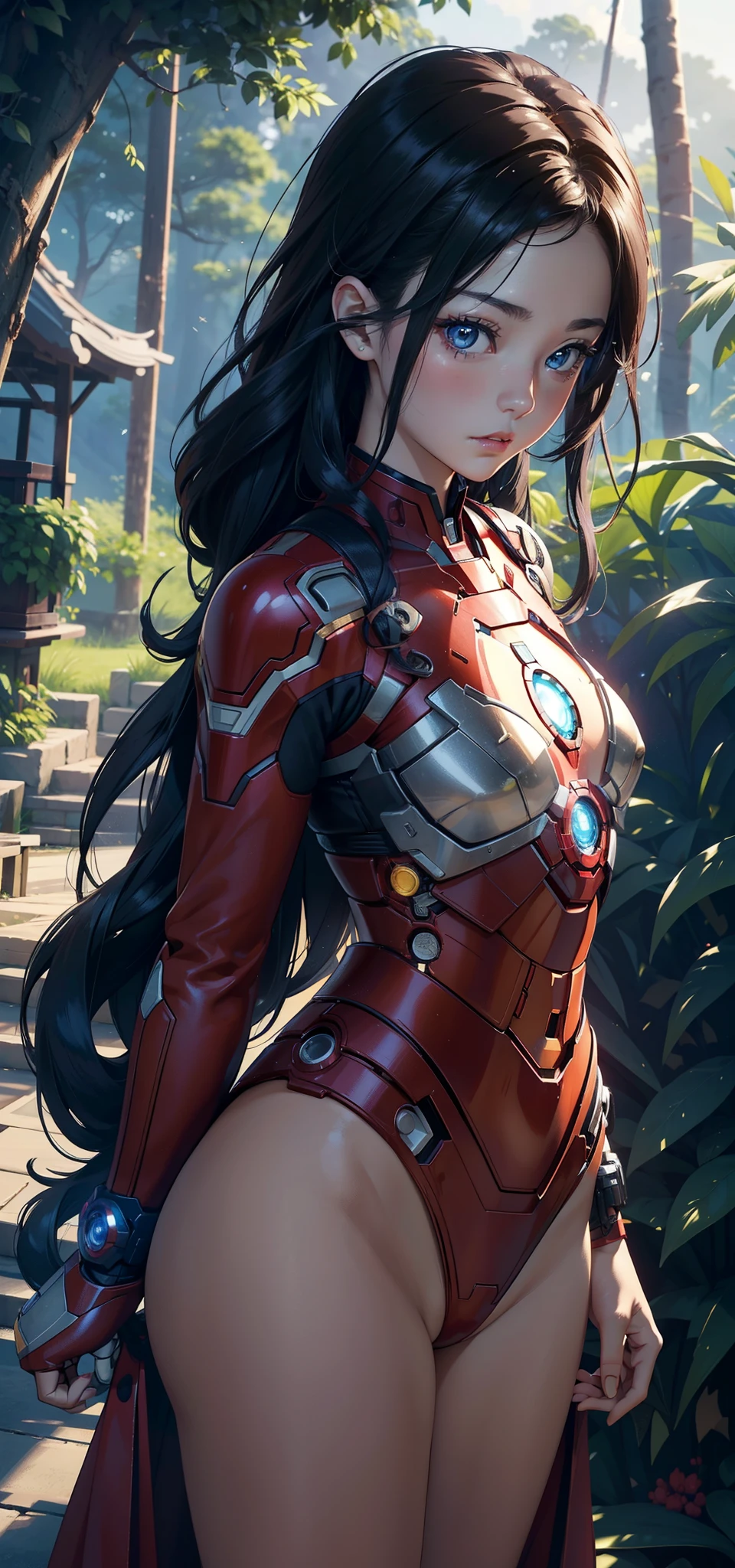 1female,small exposure, 独奏,(Background with:at a forest,the rainforest,in summer) She has long black hair,Redlip,The stands up,seen from the front, curlies, The sky is mostly cloudy,(((tmasterpiece),(Very detailed CG unified 8k wallpaper),Best quality,电影灯光,detailed back ground,beautidful eyes,Bright pupils,(very delicate beautiful),(Beautiful and detailed eyes description),ultra - detailed,tmasterpiece,)),facing at the camera,A high resolution,ultra - detailed),Expose breasts exposed,Bare genitals, convex,Camel toes,Raised sexy,Iron Man(dressed in:,Iron Man Mech,armour,nakeness,badges,比基尼,cyber punk style,Bare genitals)