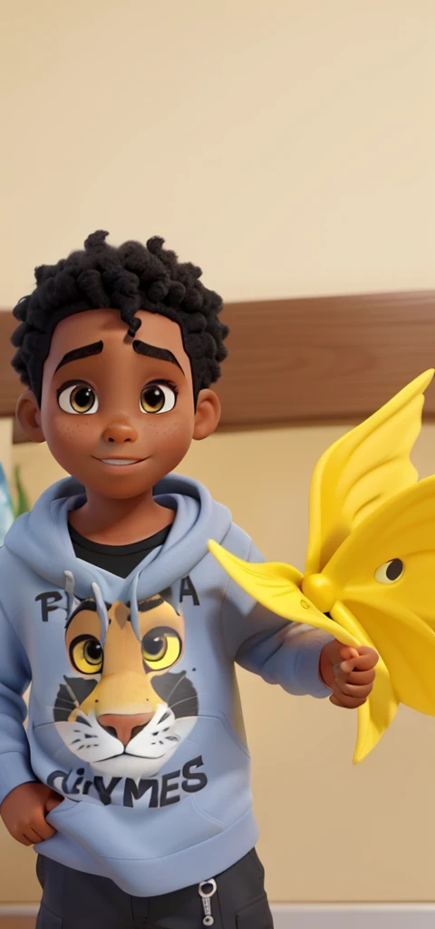 a black child, segurando cata-vento amarelo,estilo disney pixar,alta qualidade,melhor qualidade