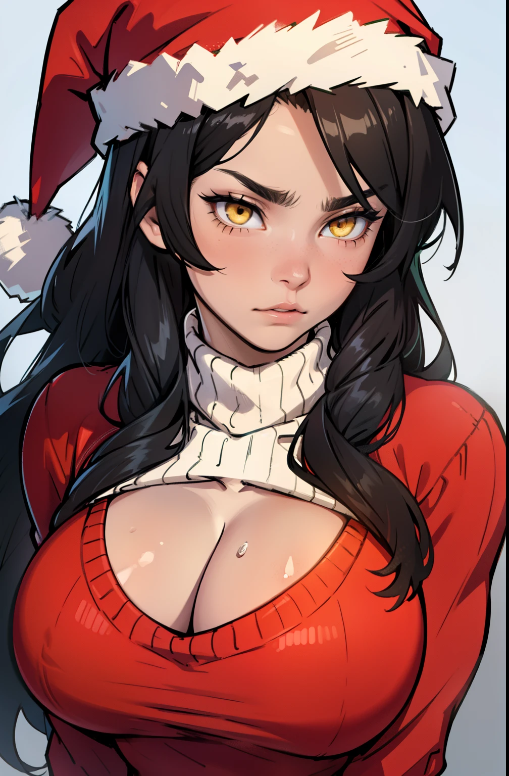 solo, (((1 girl))), very long hair, black hair, yellow eyes, ((muscular)), huge tits, pale skin, slick hair, (christmas sweater) close up santa hat sad longing longing