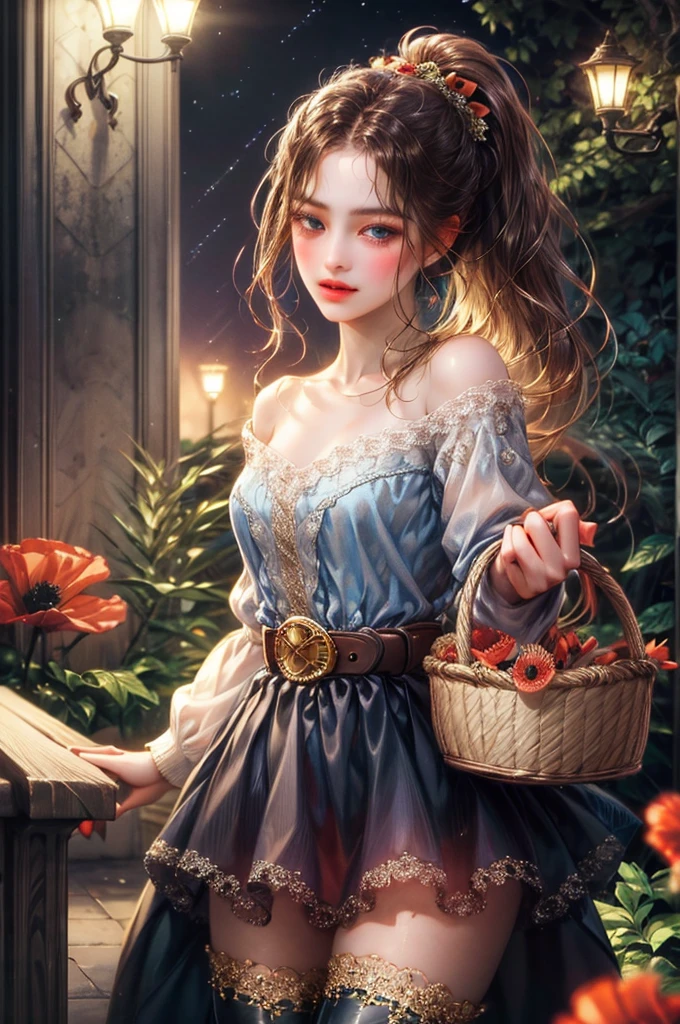1girl,long hair,bluedress,brownhair ornament,looking at viewer,mature female,cityscape,night,clothing cutout,bangs,white skirt,ponytail,cowboy shot,long sleeves,belt,blue eyes,makeup,blush,black thigh boots,jewelry, gem, waist-length portrait of a little girl with a basket of flowers, overgrown with poppy flower, natural skin texture, 8k textures, hdr, intricate, highly detailed, sharp focus, cinematic look,