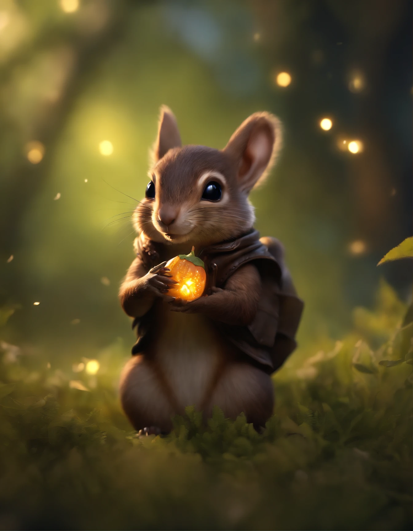 close-up of cute little fireflies, illuminating the bush, detailed picture, cgsociety, detailed painting, artstation hd, higly detailed, cgsociety, photo realism, ConceptArt, artstation hd, official arts, bokeh ,(CBZBB:1.25), Realism,fantasy gremlin, Gremlin looks like a fairy squirrel, ((Ez idna)), in a clearing under an oak tree, holding a large acorn in his paws, wear a dark leather vest with a hood, CBZBB,e, Smaaby, Beful, Fantasy art, deviant art, trending artstation, Digital Art, Detailed, Realistic, humanoid, character, tiny, Cinematic shot, cinematic portrait of a squirrel, cute character, looks like a mole,