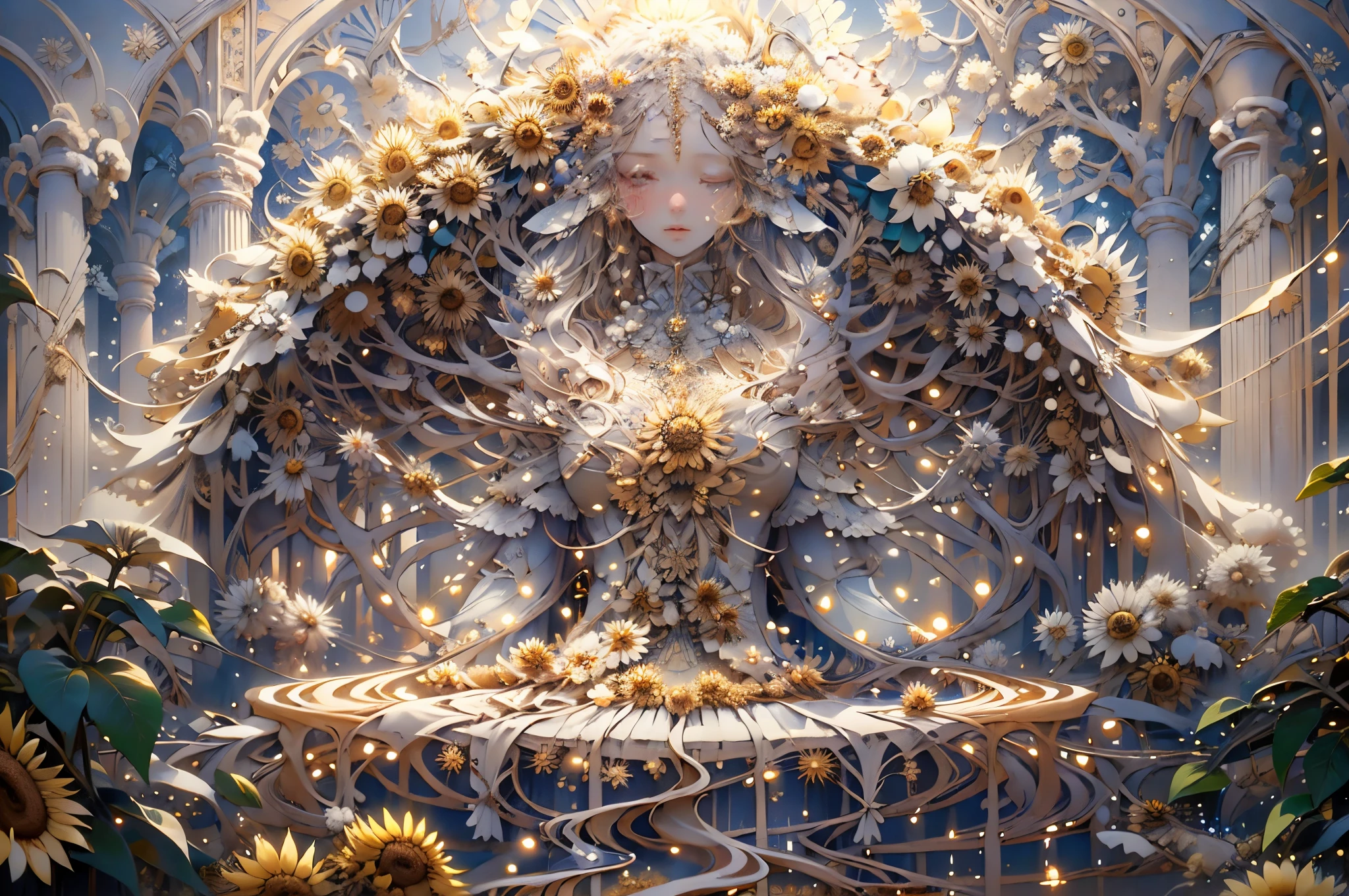 A woman wearing sheer gossamer stands under the towering sunflower tree, her gaze fixed on the intricate patterns of the branches above. The bright white sands beneath her feet seem to glow in the warm sunlight, while the endless blue sky stretches out above her. The scene is bathed in a golden light, as if the sun itself has bestowed its 24k blessing upon this tranquil moment.