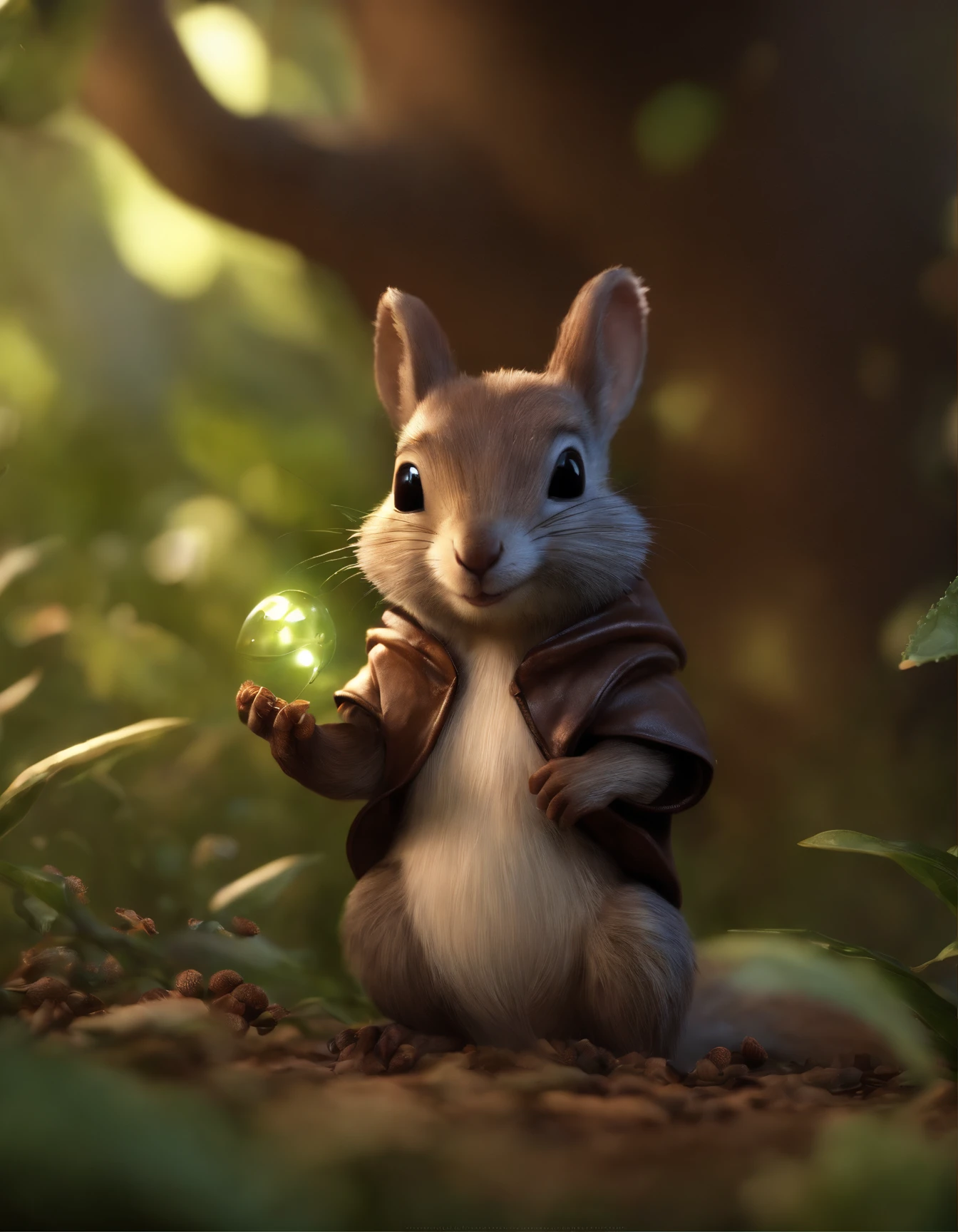 close-up of cute little fireflies, illuminating the bush, detailed picture, cgsociety, detailed painting, artstation hd, higly detailed, cgsociety, photo realism, ConceptArt, artstation hd, official arts, bokeh ,(CBZBB:1.25), Realism,fantasy gremlin, Gremlin looks like a fairy squirrel, ((Ez idna)), in a clearing under an oak tree, holding a large acorn in his paws, wear a dark leather vest with a hood, CBZBB,Cute, Small, baby, Beautiful, Fantasy art, deviant art, trending artstation, Digital Art, Detailed, Realistic, humanoid, character, tiny, Cinematic shot, cinematic portrait of a squirrel, cute character, looks like a mole,
