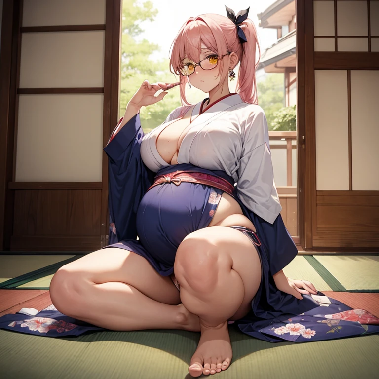 Full body girl, pregnant, cum on thighs, huge belly, cum on belly, huge breasts, cum on breasts, lactation, lactation through clothes, yellow eyes, glasses, shy, exhausted, earrings, hair ribbon, long hair, side ponytail, pink hair, tsundere, embarrassed, pout, visible belly, hands on belly, no bra, barefoot, traditional japanese clothes, best quality