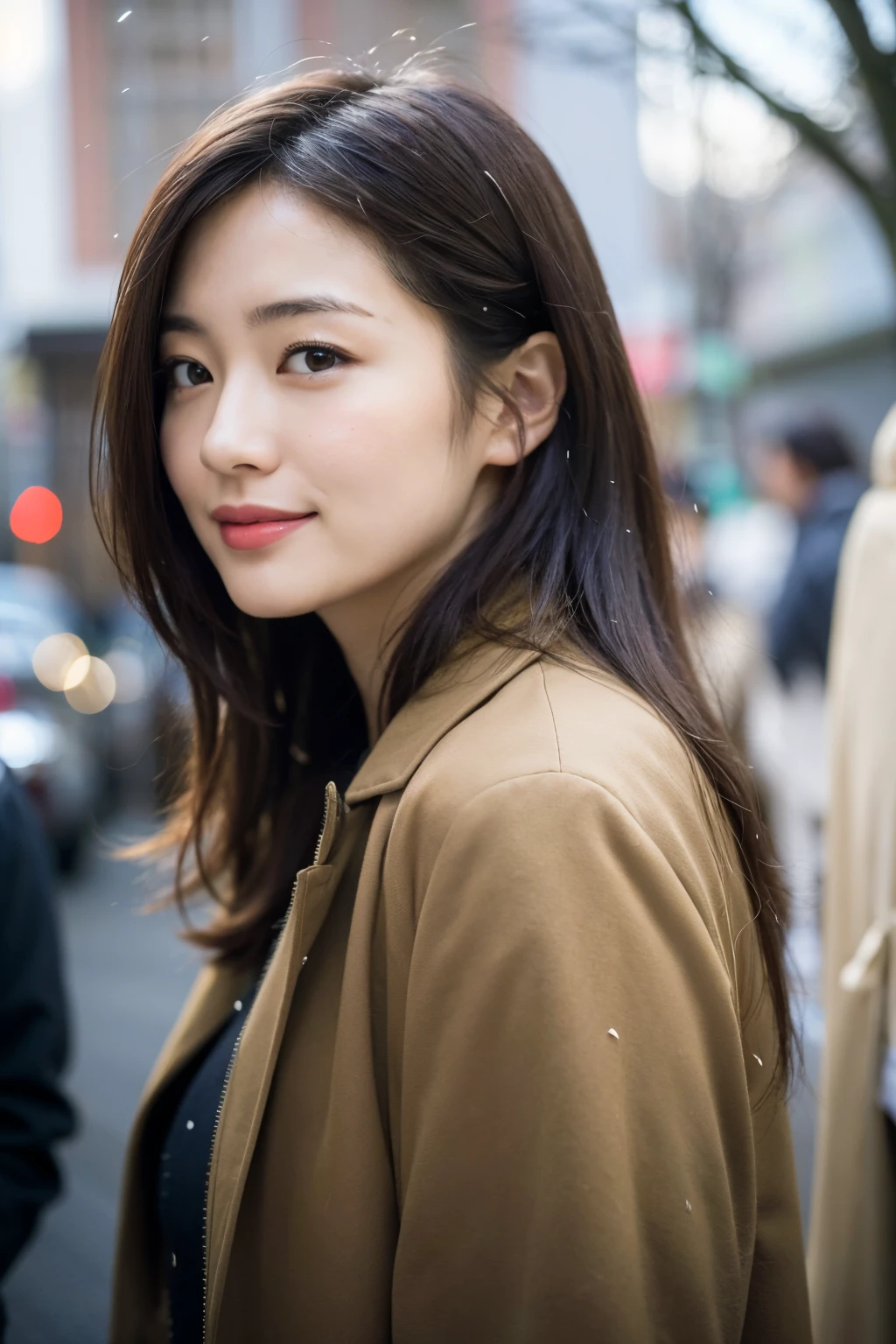 (1 adult Japanese woman)realistic frontal photo of、Ponytail 1:3、Thin makeup、Slightly smiling expression、Wearing a coat、Christmas、Clear facial features、8K High Resolution、sharp and realistic details、40s career woman、Eye level shots、135 mm、Fuji Film、jpegartifacts、dithering、nffsw、masterpiece