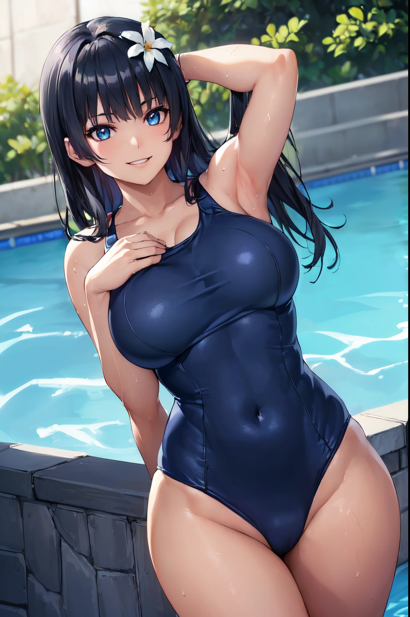 (Perfect hands, Perfect Anatomy:1.4), Satin Ruiko, (Navy blue school swimsuit:1.5),(neat figure,A slender:1.4),(Her hairstyle is a princess cut.:1.5),(Black hair:1.4), Blue eyes, (A dark-haired:1.4),(short hair flap:1.5),(A dark-haired:1.4),Long hair,(Long straight hair:1.4), Hair Ornament, (1 white flower decoration:1.4),(Tsurime:1.4),(parted_Lips:1.4),(hime-cut:1.4),(Large breasts:1.4),(Hands behind the head:1.4), (Evil smile:1.4),Hands behind the body,Hands behind the head,20yr old,(小柄:1.3),(Wet:1.2), (Looking at Viewer:1.3),(View from below:1.1), (swimming pools,in poolside:1.4),(Bright sunshine,夏天:1.4)、 BREAK (hime-cut:1.4),(​masterpiece:1.5),(very precise details,Ultra High Resolution:1.4),the Extremely Detailed CG Unity 8K Wallpapers,(Realistic,Photorealsitic,hyper realisitic:1.5),(Curve,Model,glamor:1.5),Beautiful breasts,Farbe_aberration,beautiful detailed shadow,Beautiful eyes,Beautiful body,Beautiful skin,beautifull hands,(Aesthetic Anime Eyes:1.4),(Illustration:0.8), (Beautiful detailed eyes:1.4), extra detailed face, Perfect Lighting, extremely details CG, (Perfect hands, Perfect Anatomy:1.4),