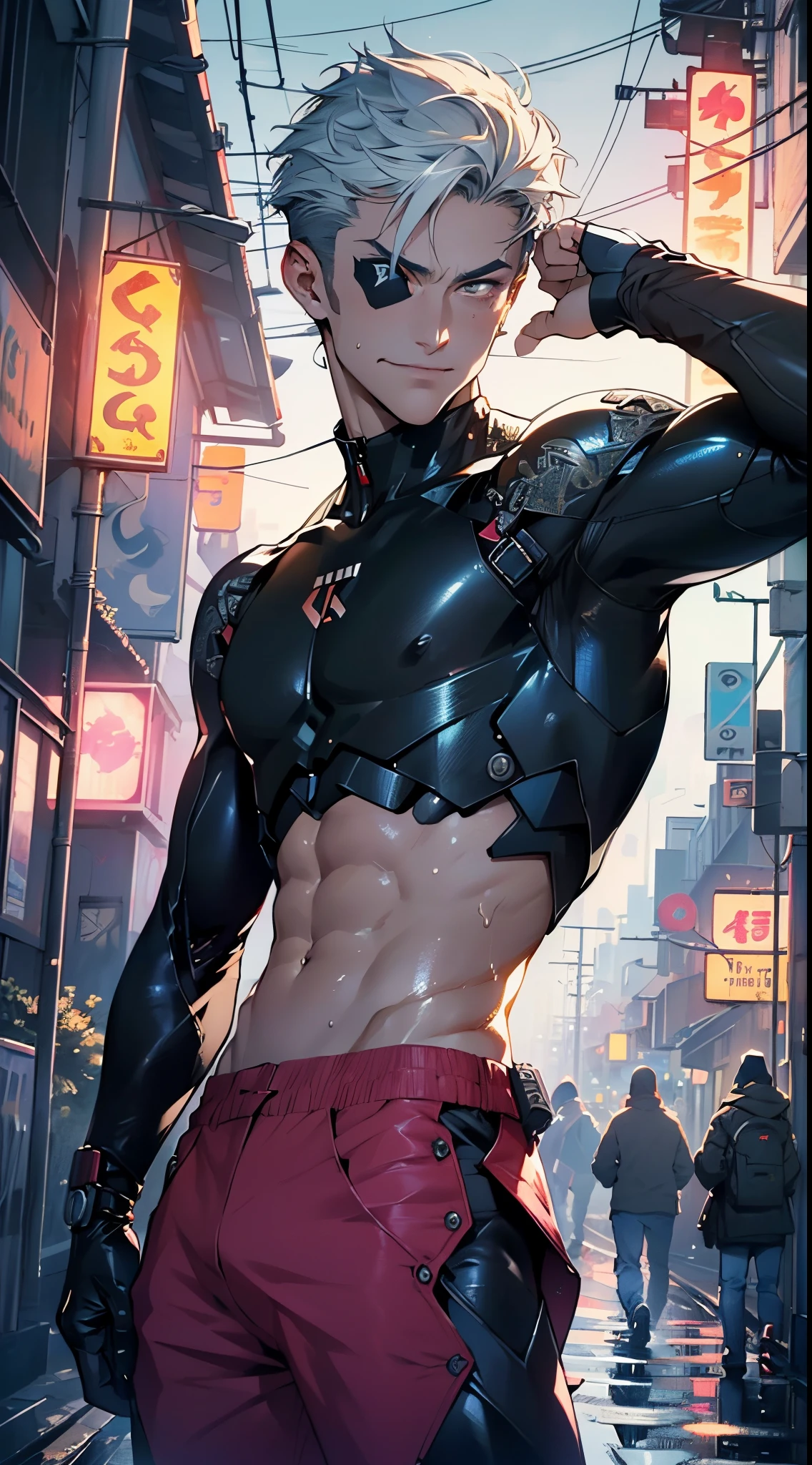 man:1.5,1 man,cyborg man,(1man),((one eyepatch, pirate man, cyborg, robotic arm, bald head)),
(((1male,handsome man,male,male gender:1.5,male focus))),macho man,
(((lustrous skin:1.5,tanned skin,bright skin: 1.5,skin tanned,shiny skin,very shiny skin,shiny body,illuminated skin))),man chest,((muscular)),(((detailed face))),
nsfw,
(((bare chest))),red pants,((bulge in pants)),((cyborg outfit)),((wet clothes,intricate outfit,intricate clothes)),
(dynamic pose:1.0),solo focus,((evil smile,evil look)),(centered,scale to fit dimensions,Rule of thirds),
cyberpunk city by the ocean at night, with bright neon signs and dark stormy clouds and puddles, scenery:1.25,nighttime, starry night, cosmos,Very dark night that makes the neon lights stand out, very bright neon lights,nighttime, starry night, cosmos,
artistic photography,(photography taken by sldr),highres, sharp focus, (ultra detailed, extremely detailed), (photorealistic artwork:1.37),(extremely detailed CG unity 8k wallpaper),((synthwave background theme)),(((vibrant colors))),(intricate background),(masterpiece),(best quality)