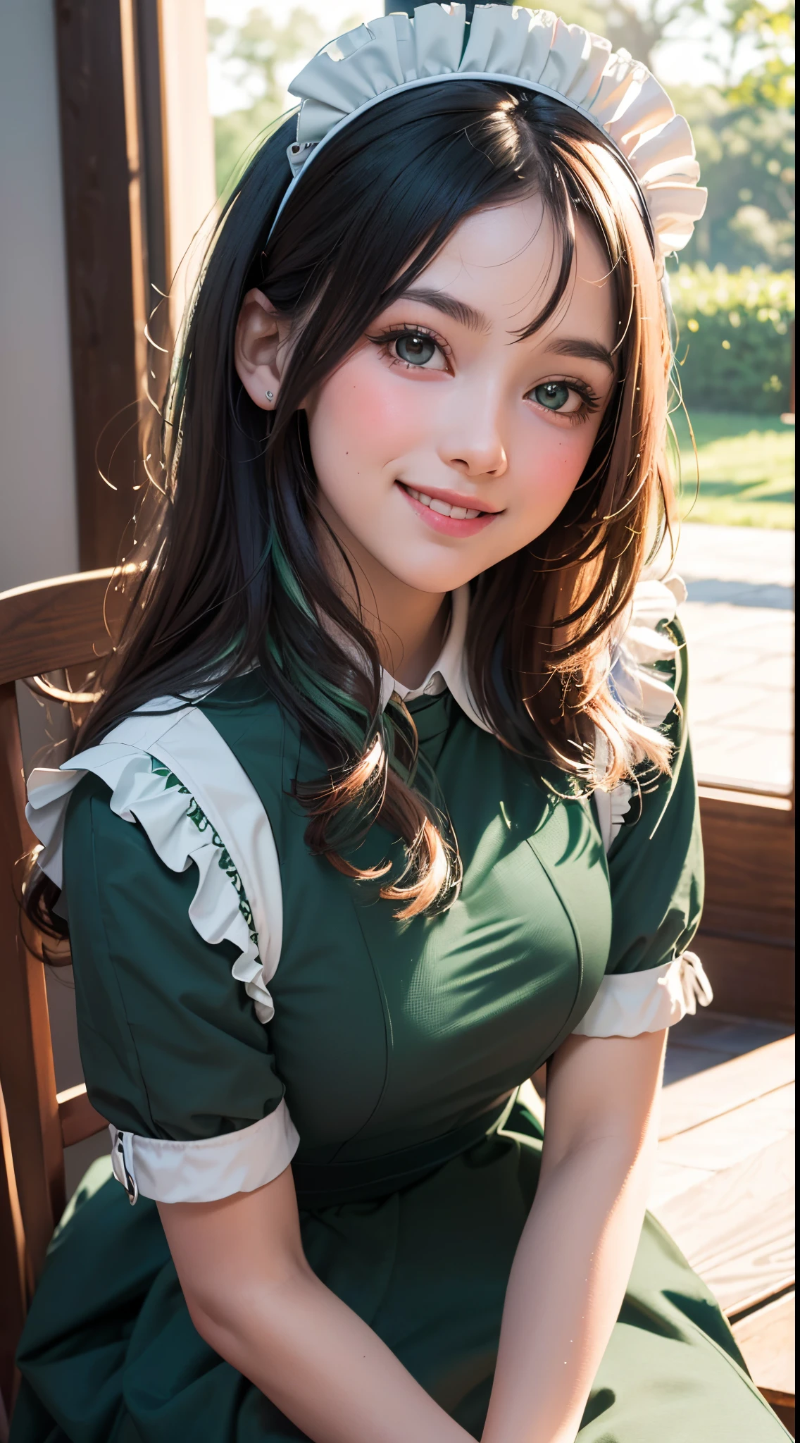 (UHD, retina, masterpiece, ccurate, anatomically correct, textured skin, super detail, high details, high quality, best quality, highres, 1080P, HD, 4K, 8k, 16k), (beautiful detailed eyes, beautiful detailed lips, extremely detailed eyes and face), studio lighting, physically-based rendering, vivid colors, (maid headdress, dark green maid uniform:1.5), (portrait, shiny hair, shiny skin), (bokeh), (tilt your head to the side:1.5), eye reflection, (blush:1.5), ( girl, smile, seating:1.5),