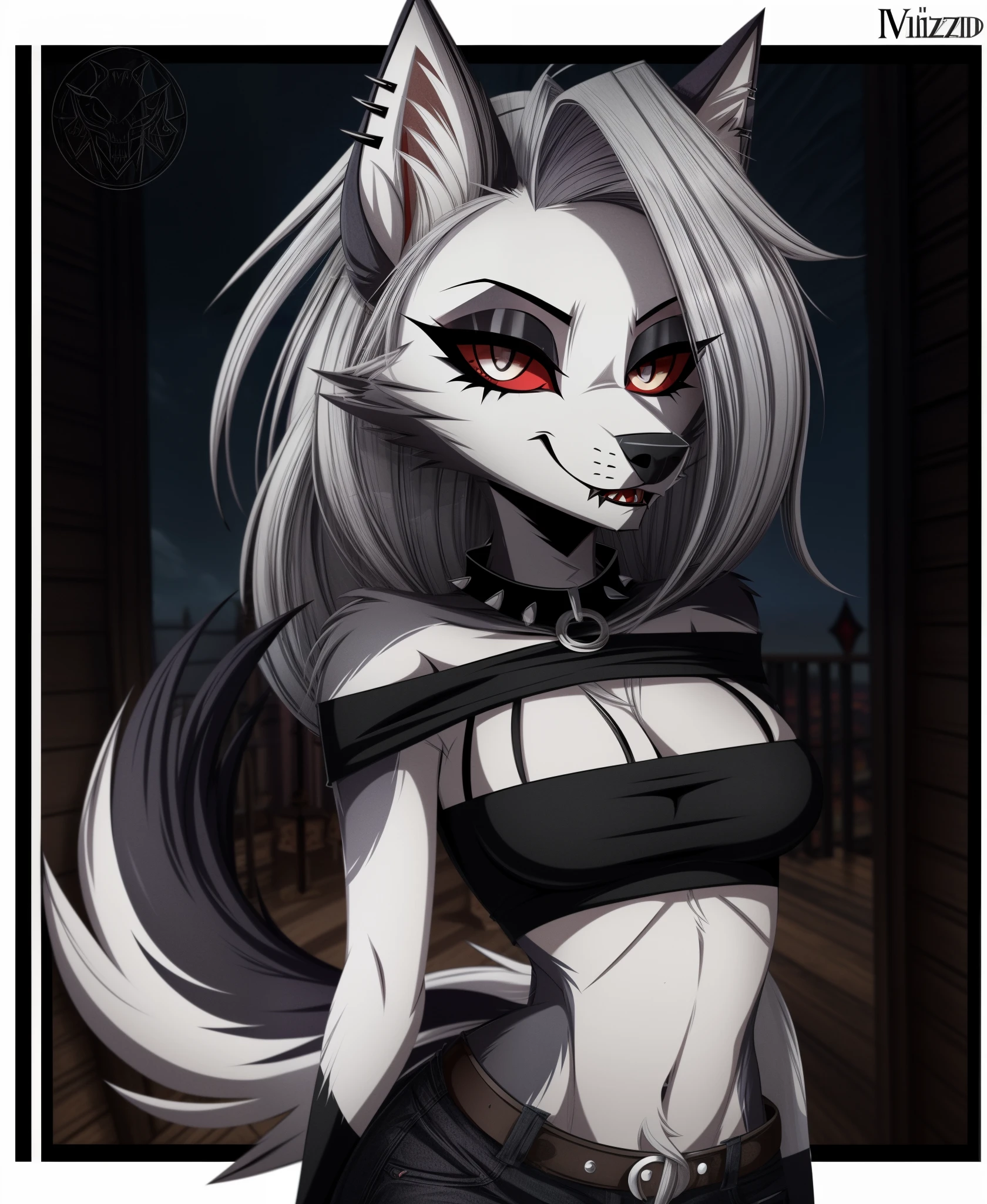 (Vivziepop style), anthro, canid, canid demon, demon, female, hellhound, helluva boss, instagram, (loona), mammal, midriff, official art, red sclera, safe content, shoulderless shirt, solo, long grey hair, (by vivzmind)