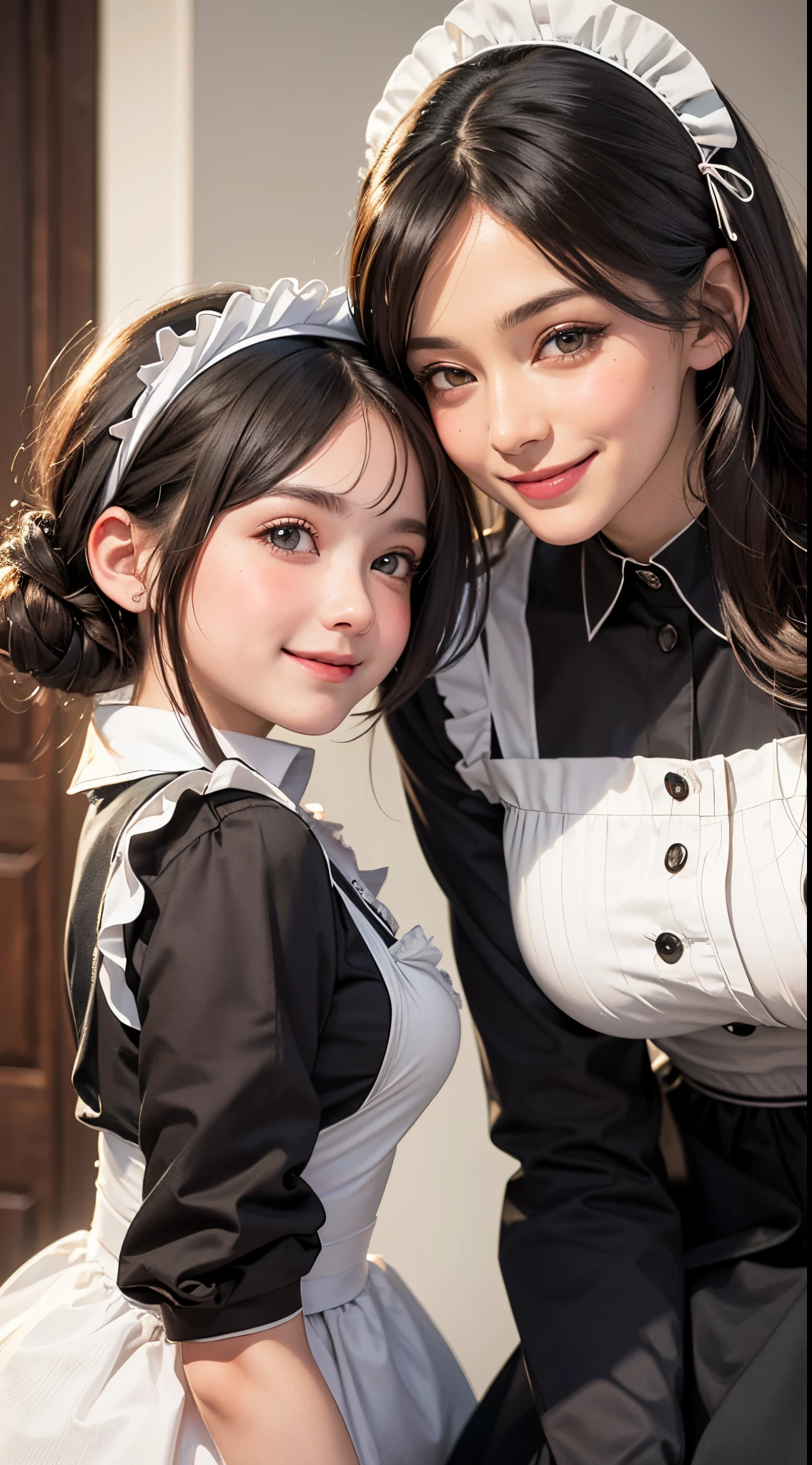 (UHD, retina, masterpiece, ccurate, anatomically correct, textured skin, super detail, high details, high quality, best quality, highres, 1080P, HD, 4K, 8k, 16k), (beautiful detailed eyes, beautiful detailed lips, extremely detailed eyes and face), studio lighting, physically-based rendering, vivid colors, (maid headdress, maid uniform:1.5), (portrait, shiny hair, shiny skin), (bokeh), (tilt your head to the side:1.5), eye reflection, (blush:1.5), (mother and daughter, smile:1.5),