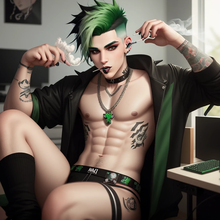 Male with black and green hair, a septum and bridge piercing, smoking in his room gaming