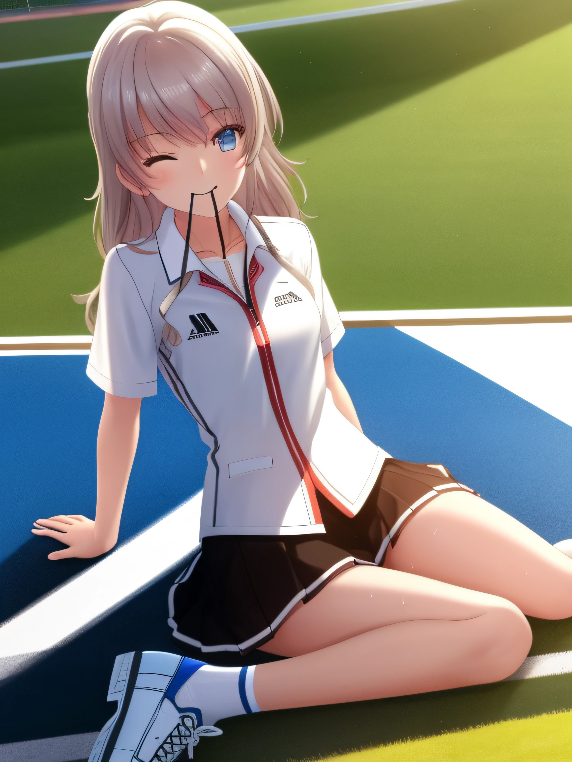 one-girl, Alone, White polo shirt, White sneakers, tennis wear, white mini-skirt, Long white stockings，tmasterpiece, Best quality at best, actual, ultra - detailed, Covered in sweat, hoang lap, looking at viewert, White hair, eBlue eyes, Elongated, 动态照明, A high resolution, Focus sharp, depth of fields, 詳細な目, Sharp pupils, realistic student, small bust, Thigh thick, external, Skysky, Holding a tennis racket, external, tennis court, Smiling, With his eyes closed, with her mouth open.On campus，sat on the ground