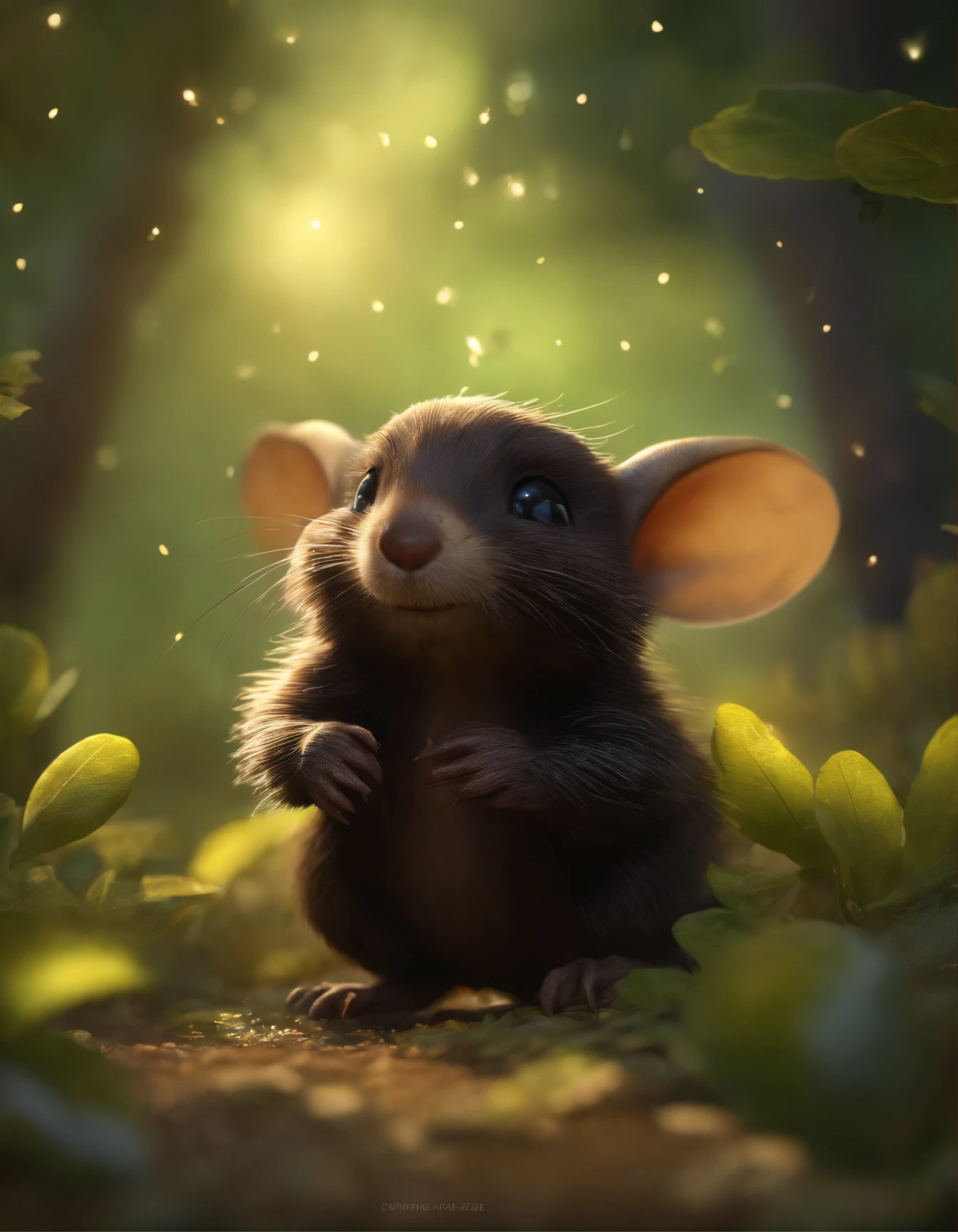 close-up of cute little fireflies, illuminating the bush, detailed picture, cgsociety, detailed painting, artstation hd, higly detailed, cgsociety, photo realism, ConceptArt, artstation hd, official arts, bokeh ,(CBZBB:1.25),gremlin, gremlin, Runs, looks like a mole, ((Ez idna)), in a clearing under an oak tree, holding a large acorn in his paws, CBZBB,Cute, Small, baby, Beautiful, Fantasy art, deviant art, trending artstation, Digital Art, Detailed, Realistic, humanoid, character, tiny, Cinematic shot, cinematic portrait of a mole, cute character, looks like a mole, dark forest, rain is dripping, fireflies sparkle, a stream flows,