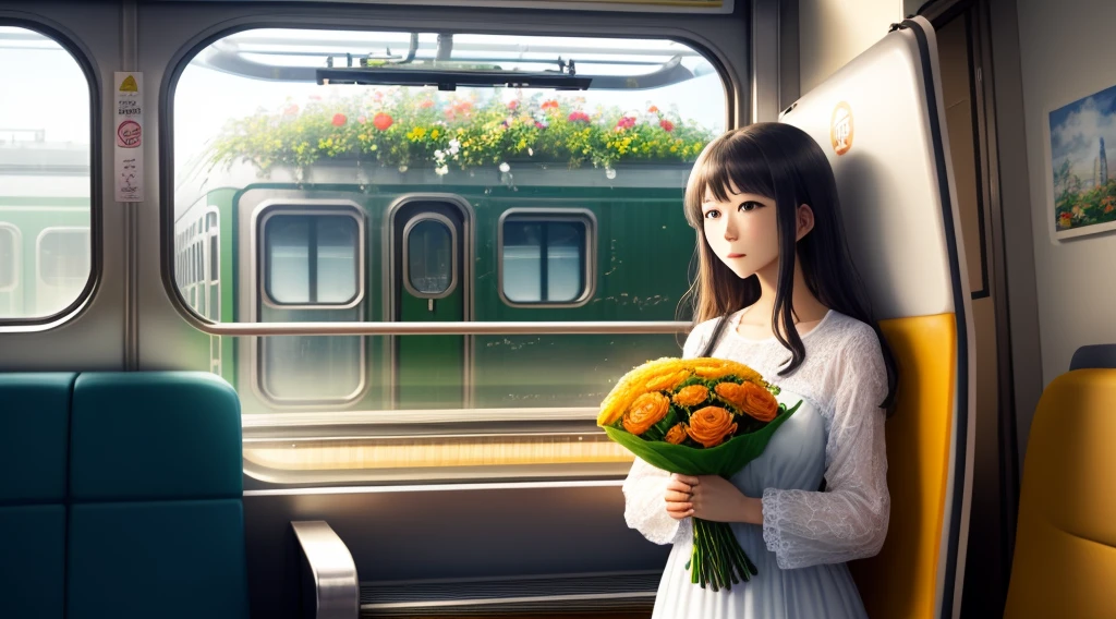 On the train、Woman holding a bouquet of flowers、soio、side of the door、looking out the window、onepiece、Self-sustaining、animesque
