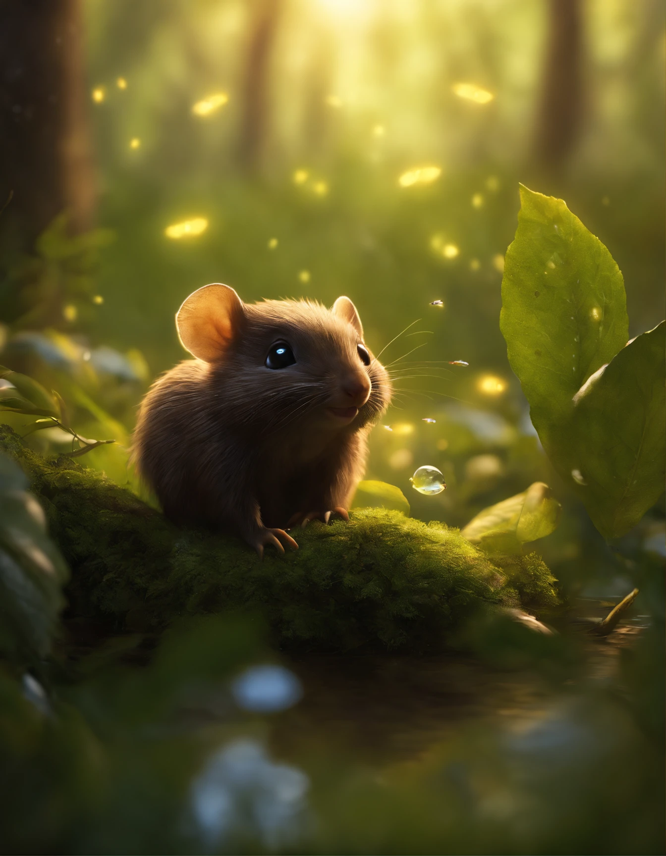 close-up of cute little fireflies, illuminating the bush, detailed picture, cgsociety, detailed painting, artstation hd, higly detailed, cgsociety, photo realism, ConceptArt, artstation hd, official arts, bokeh ,(CBZBB:1.25),gremlin, gremlin, Runs, looks like a mole, ((Ez idna)), in a clearing under an oak tree, holding a large acorn in his paws, CBZBB,Cute, Small, baby, Beautiful, Fantasy art, deviant art, trending artstation, Digital Art, Detailed, Realistic, humanoid, character, tiny, Cinematic shot, cinematic portrait of a mole, cute character, looks like a mole, dark forest, rain is dripping, fireflies sparkle, a stream flows,