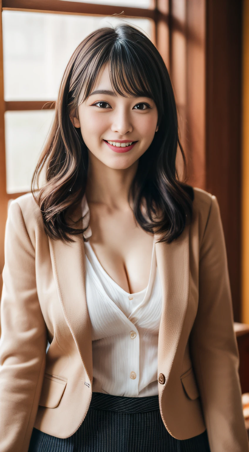 the Extremely Detailed CG Unity 8K Wallpapers, Best Quality, Ultra-detailed, masutepiece, Realistic, photographrealistic, natural soft light、extremely detailed cute girl, 30-years old, Secretary, Large breasts, blush, Parted lips, (Blazer), (cleavage), pencil skirts , Office ,Room with bookshelves , Half body shot、Cute smile