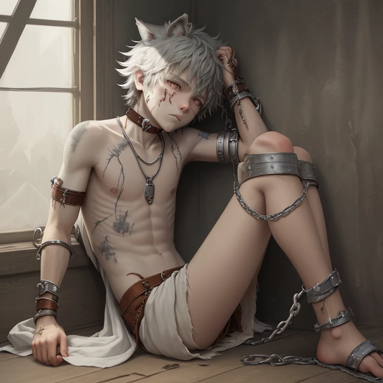 Wolf boy with bruses and cuts, shackles   on his wrists and ankles. Sad and doesnt   trust anyone