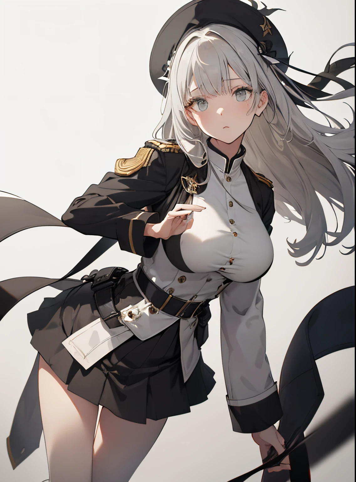 【Highest Quality, masutepiece】 [girl, expressioness, green eyes, front facing,pale brown hair, ] (Gray white background:1.7), 1girl in, Full body, black one-piece military uniform,(masutepiece:1.2, Best Quality), (finely detailed beautiful eye: 1.2), (beautifull detailed face), High contrast, (Best Illumination, extremely delicate and beautiful), ((Cinematic Light)), H Dramatic light, long hair flowing with the wind, large full breasts、Belt under boobs、black military uniform, black skirt,