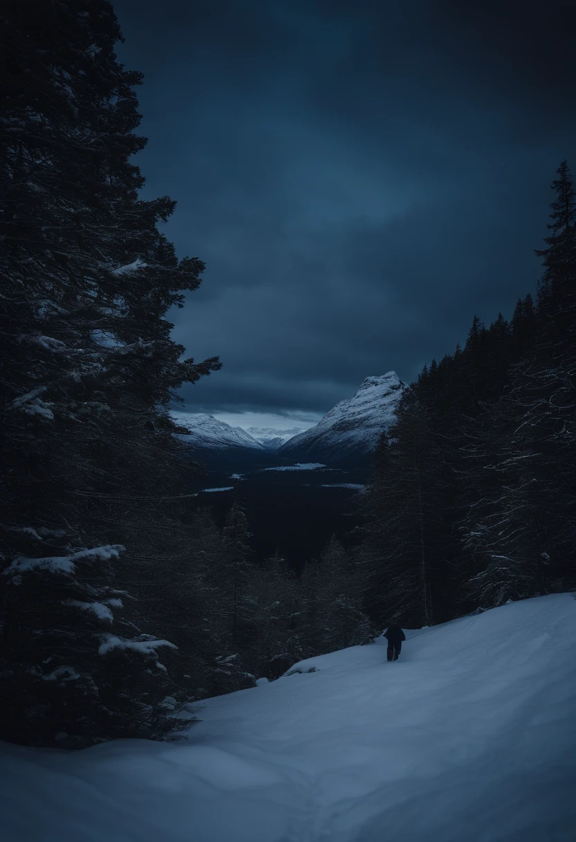 a big troll in a mountain that look like a troll seen from far away in a fairytale norwegian forrest with snow at a dark night with clear sky in bird view with some mountains. moody and frost