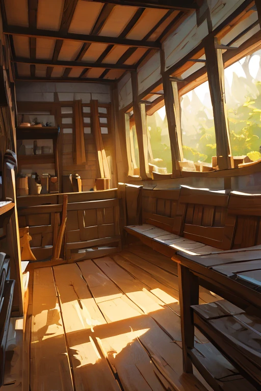 old hut interior, open floor plan, adventurer's guild, view from front door