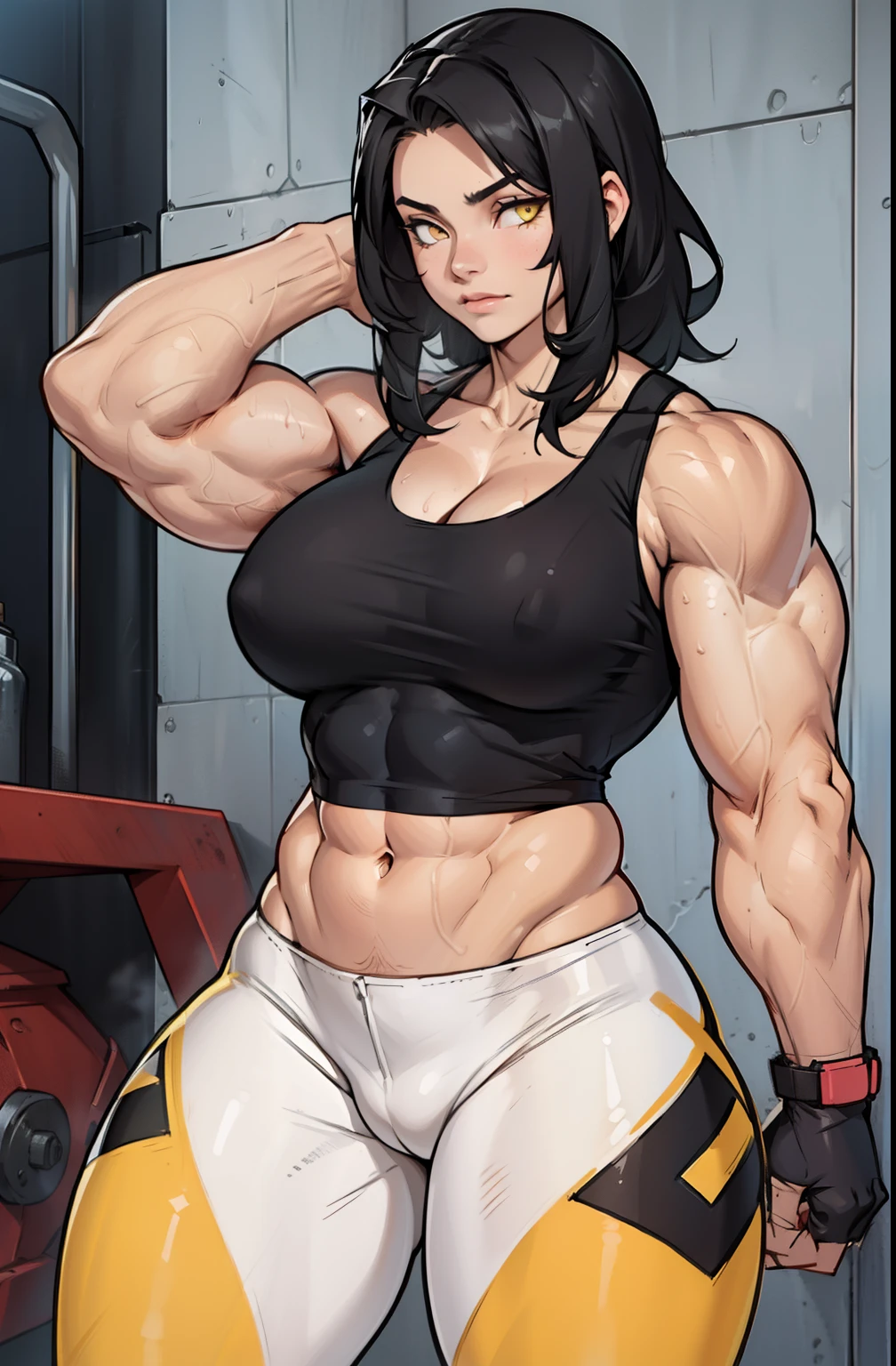 ((((((1girl)))))) (((((muscular))))) pale skin black hair yellow eyes huge breasts huge thighs leggings tank top