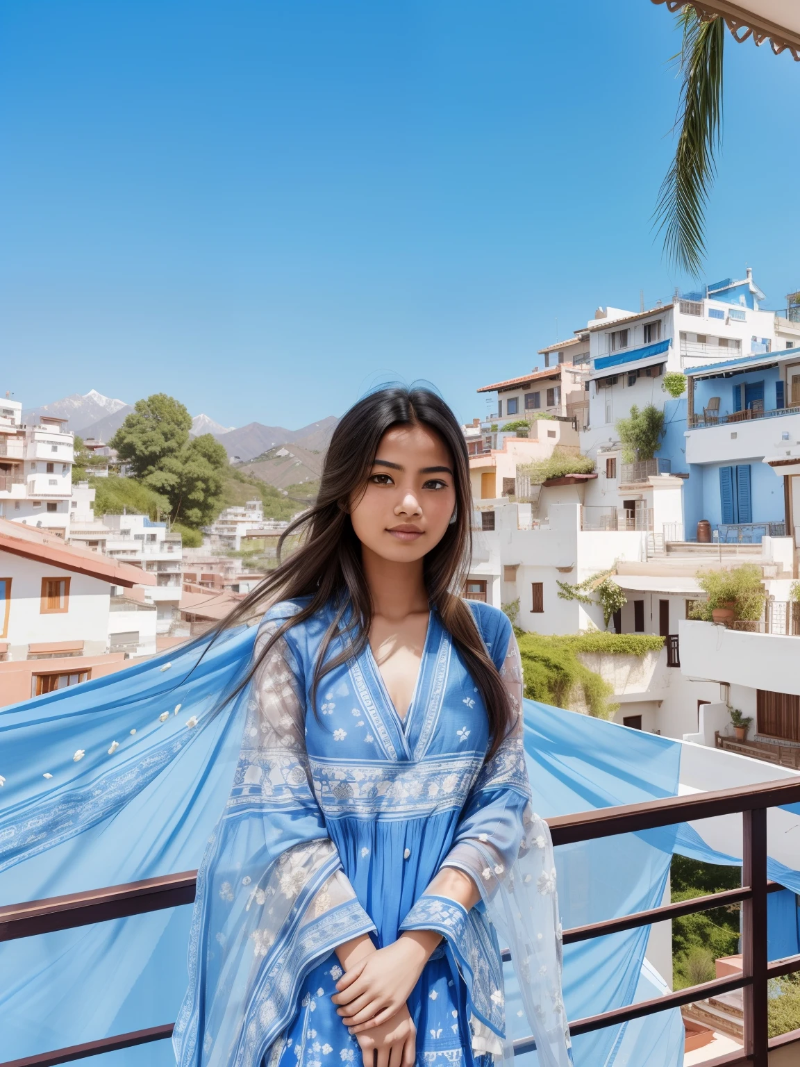 a woman standing on a balcony with a blue and white dress, sunny day time, photo taken in 2 0 2 0, in sunny weather, candid picture, beautiful view, on a sunny day, with lovely look, on a bright day, at the terrace, young himalayan woman, beautiful young himalayan woman, colorful picture, on rooftop, with accurate face, in a rooftop