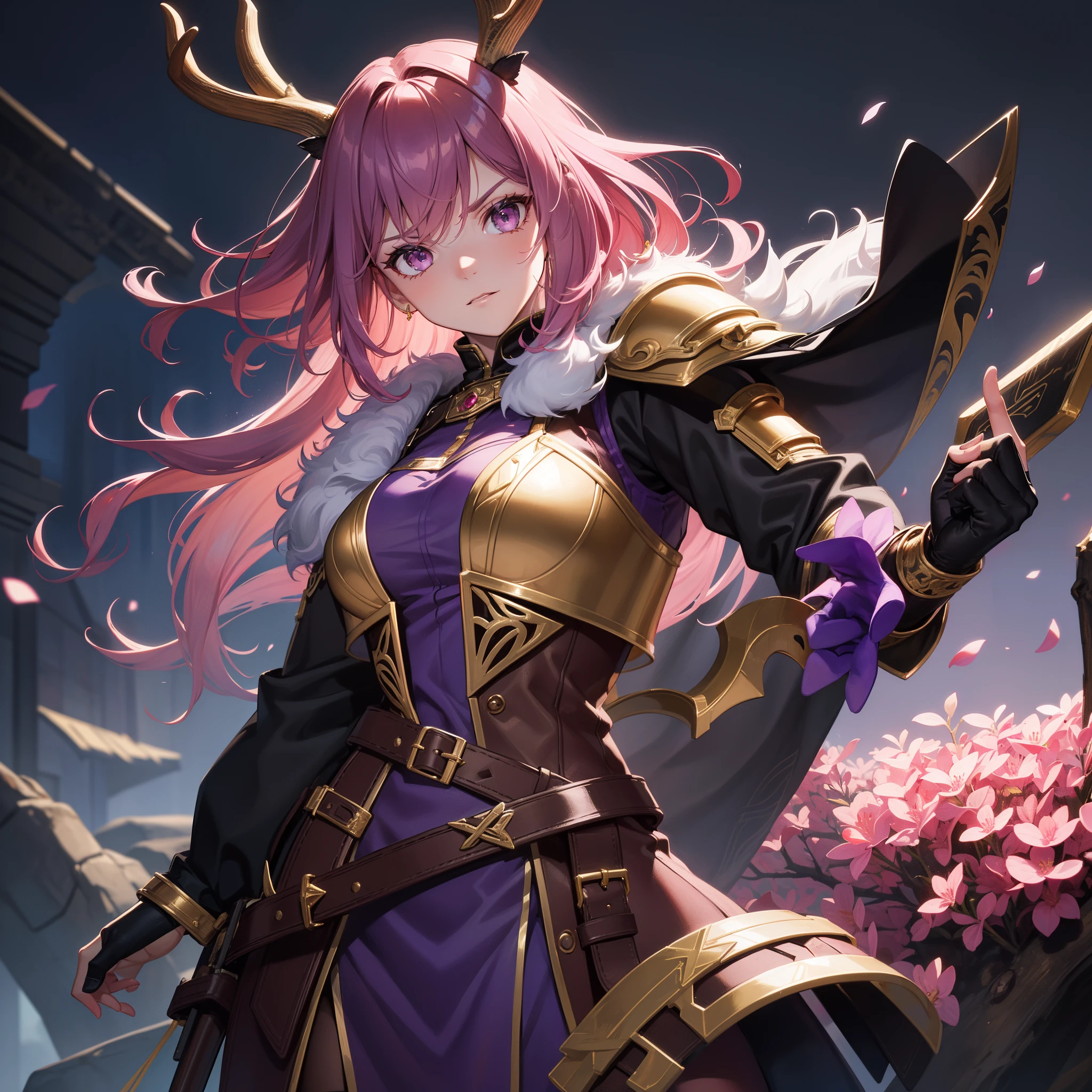 (Best quality), (masterpiece), (ultra detailed), ((1female)), solo, Satyr, ((deer antlers)), beautiful, medium breast, black fur, dark theme, ((pink hair)), ((chestwear:(vest:purple))), (handwear:(fingerless_gloves))), bard, mature, young 20s, bold expression, fierce, determined gaze, satyr anthro, full body, beautiful, curvy, smooth skin, armored, wearing a breastplate, gold trimmed armor, wearing a cloak, dressed in robes, has a hood on, combat, ready to fight, holding_lute, has a lute, stringed instrument, academy