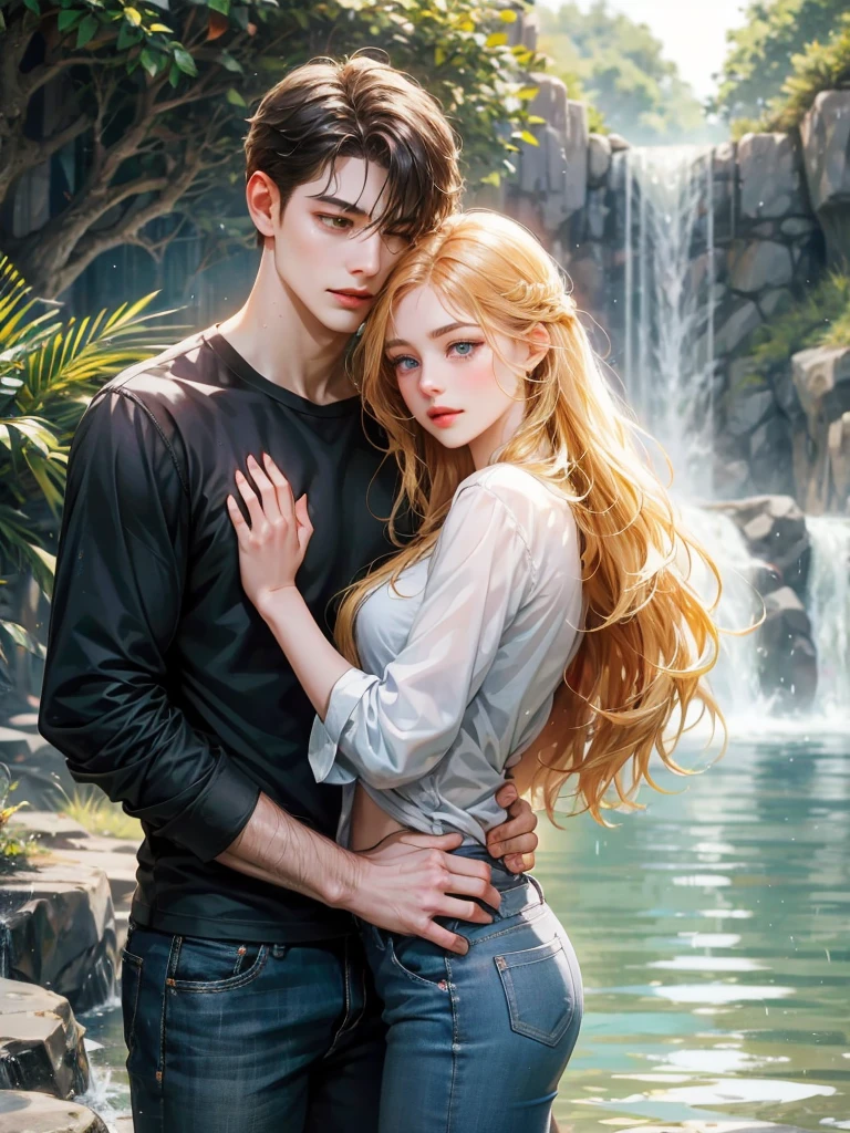 The boy hugs the girl