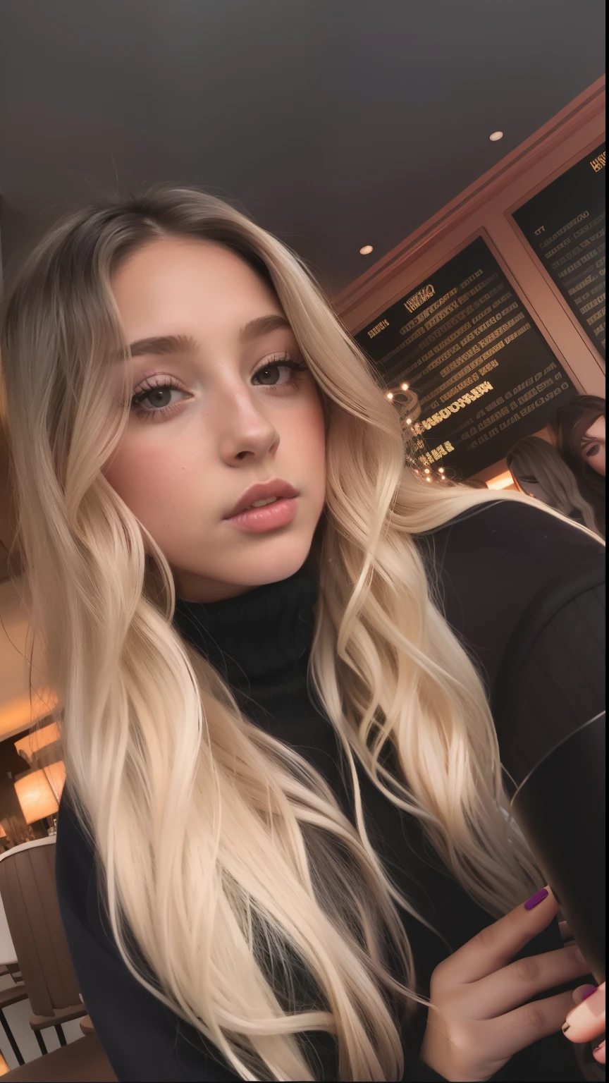 blonde woman with long hair and black turtleneck sweater in a restaurant, brunette with dyed blonde hair, kailee mandel, kaitlyn michelle siragusa, violet myers, taken in the early 2020s, selfie of a young woman, with long hair and piercing eyes, alexa grace, ava max, portrait sophie mudd topless