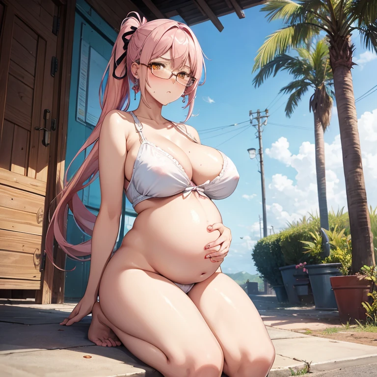 Full body girl, pregnant, cum on thighs, huge belly, cum on belly, huge breasts, cum on breasts, lactation, lactation through clothes, yellow eyes, glasses, shy, exhausted, earrings, hair ribbon, long hair, side ponytail, pink hair, tsundere, embarrassed, pout, visible belly, hands on belly, no bra, barefoot, casual clothes, best quality