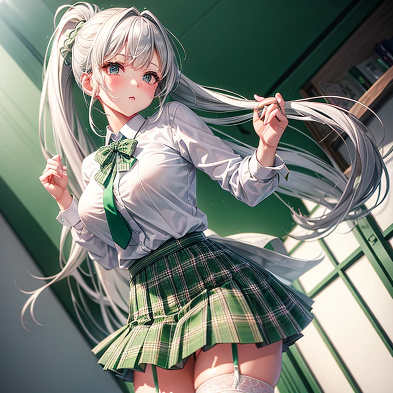 High school girl with silver hair ponytail、Green plaid skirt、white blouse and green tie、white stockings、White garter belt、、Ecstatic look、Pointed mouth、red blush,(no panties),pussy juice,pussy,vagina、(touch the clitoris)、‎Classroom、Shot from below