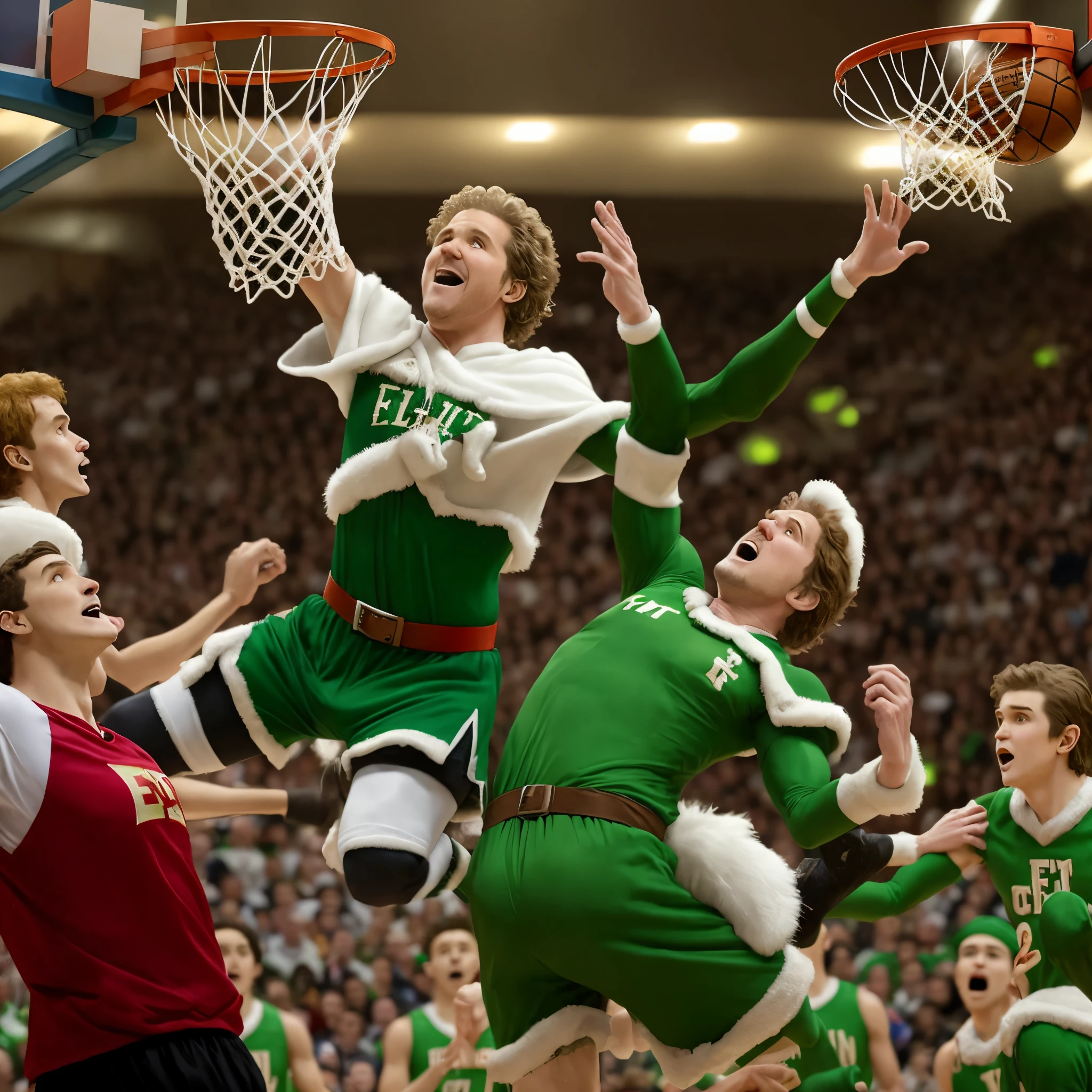 Will Farrell dressed as buddy the elf dunking on elves from the movie Elf