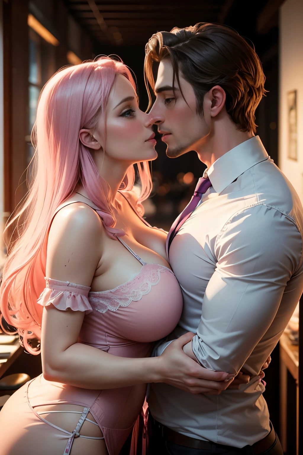 A sexy and beautiful European man and woman, both age 20, woman wore pink colour langerie and man wore business suit, woman have gigantic boob 1:6, big cleavage, both are present in restaurant,the man and the woman kiss each other, couple kiss, couple pose, standing pose, very close to each other, masterpiece, realistic, detailed,8k, camera angle front,both are looking at each other