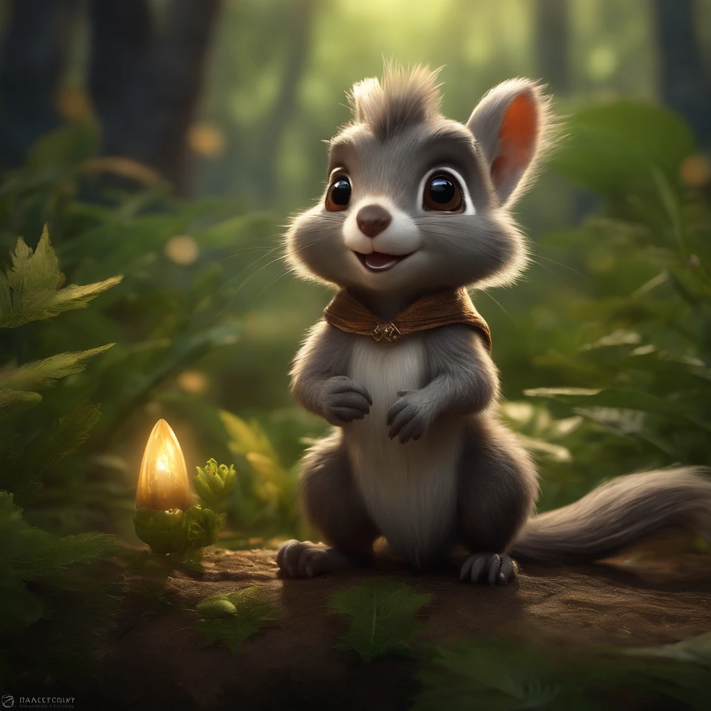 close-up of cute little fireflies, illuminating the bush, detailed picture, cgsociety, detailed painting, artstation hd, higly detailed, cgsociety, photo realism, ConceptArt, artstation hd, official arts, bokeh  ,(CBZBB:1.25), ((gremlin),Zhkute, Small, baby, Beautiful, Fantasy art, deviant art, trending artstation, Digital Art, Detailed, Realistic, humanoid, character, tiny, Cinematic shot, cinematic portrait of a fantasy cartoon squirrel , wearing a vest with a hood, gremlin, squirrel-like , wearing a vest with a hood, bright silver and sob, long tail, Large tasseled ears, covered with silver fur, water, stands on the shore, Best Quality, Masterpiece, in style of dark fantasy art, gremlin, squirrel-like, bright silver and brown, long tail, double nose, huge ears with tassels, covered with silver fur, wear a brown vest, tousled, five toes on each paw, holding a huge acorn in his paws, I&#39;m standing in a forest clearing under the foliage of bast., acorns lie in the clearing, acorns glow, Crickets fly, Best Quality, Masterpiece, in style of dark fantasy art, fantasy-inspired, in the style of John Tolkien,