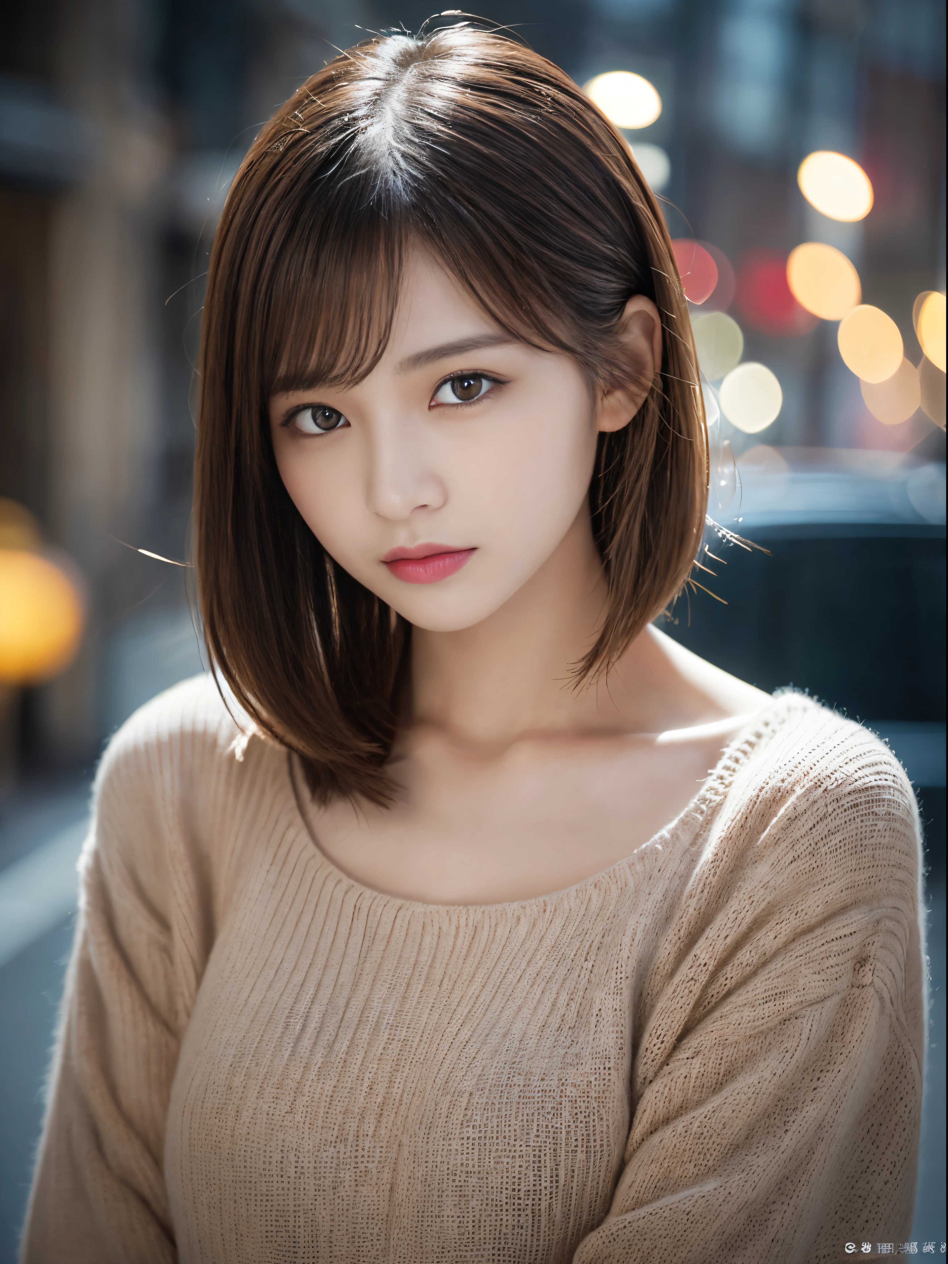 (masterpiece:1.3), (8K, Photorealsitic, Raw photography, Top image quality: 1.4), 25 year old girl、Super Detail Face、Eye of Detail、二重まぶた、foco nítido:1.5、prety woman:1.4、light brown hair、poneyTail、Natural Color Lip、top-quality、masterpiece、超A high resolution、(Photorealsitic:1.4)、very detailed and professional lighting、black winter ladies fashion、slender、serious facial expression、Transparent skin、randome pose、Glowing hair、