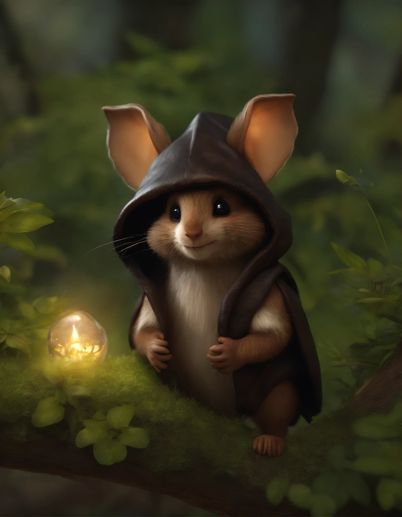 close-up of cute little fireflies, illuminating the bush, detailed picture, cgsociety, detailed painting, artstation hd, higly detailed, cgsociety, photo realism, ConceptArt, artstation hd, official arts, bokeh ,(CBZBB:1.25)Realism,gremlin, gremlin looks like a mole, ((Ez idna)), in a clearing under an oak tree, holding a large acorn in his paws, dressed in a dark leather vest with a hood, CBZBB,Cute, Small, baby, Beautiful, Fantasy art, deviant art, trending artstation, Digital Art, Detailed, Realistic, humanoid, character, tiny, Cinematic shot, cinematic portrait of a mole, cute character, looks like a mole,