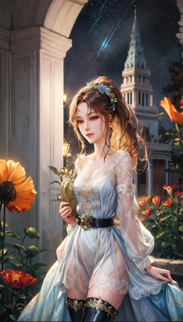 there is a woman in a dress and boots standing in a garden, palace , a girl in hanfu, fantasy art style, beautiful digital artwork, beautiful fantasy art, beautiful fantasy maiden, beautiful fantasy art portrait, beautiful digital illustration, fantasy style art, 8k high quality detailed art, artwork in the style of guweiz, trending on cgstation, beautiful fantasy portrait