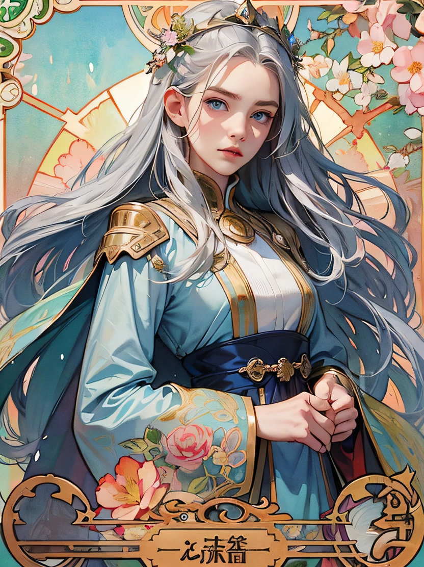((hight resolution、top-quality、super detailing、best picture、watercolor paiting、thick outlines、mats、by mucha))、flowing lines、elvish、1 girl, 28 year old、skiny、cin、stright long hair、Beautiful silver hair、blue eyess、half up、Hair swaying in the wind、luxury circlet、de pele branca、Hanshin seen from the front、is standing、green stunning queen dress、s Armor、鎖骨、Geometric pattern、(florals)、Hand down、Soft Air、Serious face、Detailed hand depiction