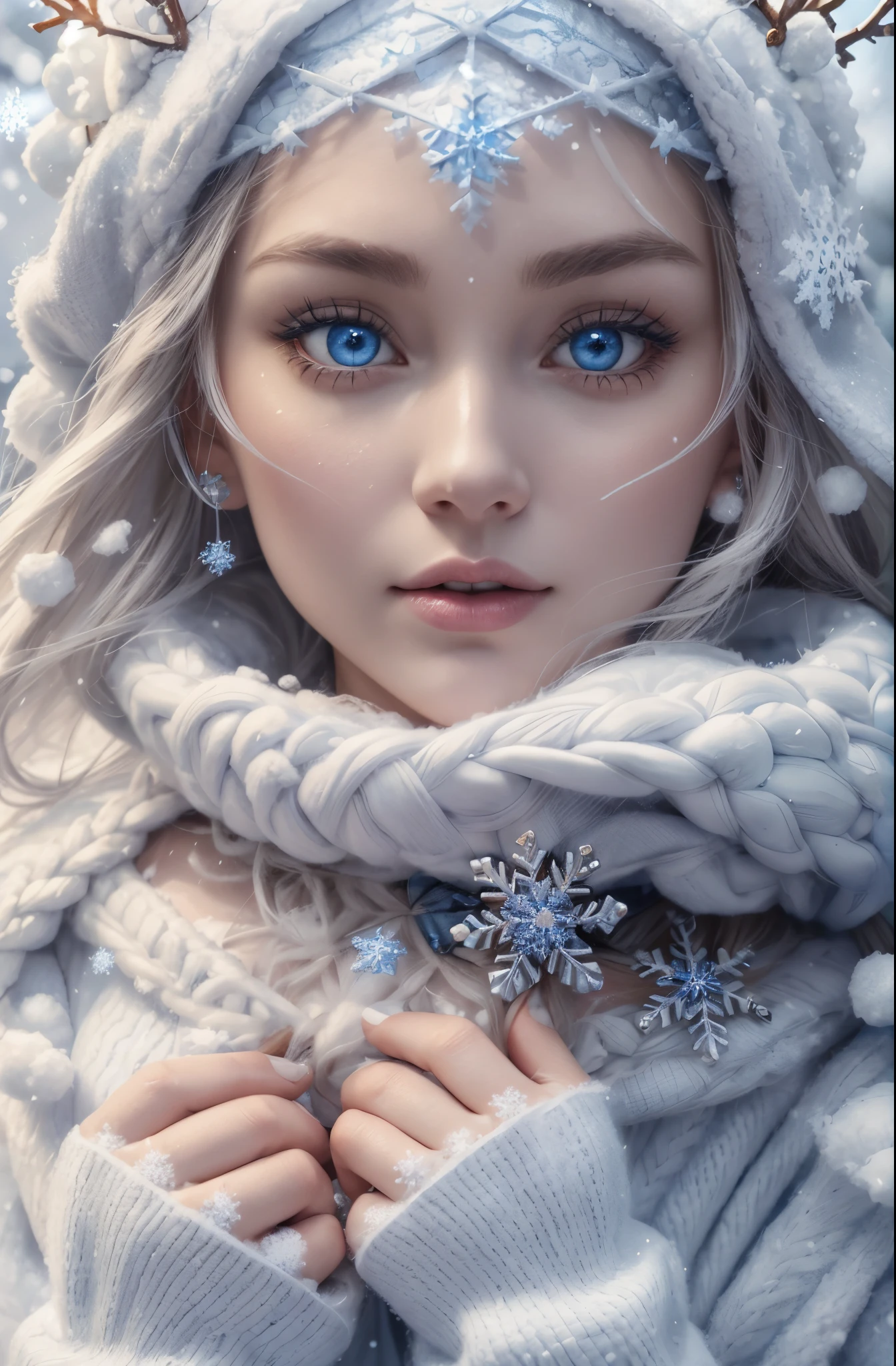 Super detailed perfect face of a blue woman, winter queen, frost princess, last flowers of summer, beautiful big eyes that reflect the snow flakes on a Chtismas day. Charming, perfect woman, blue eyes with snowflakes, half of her face is frozen, 8k ultra, hd, with white pullover her hands are freezing,