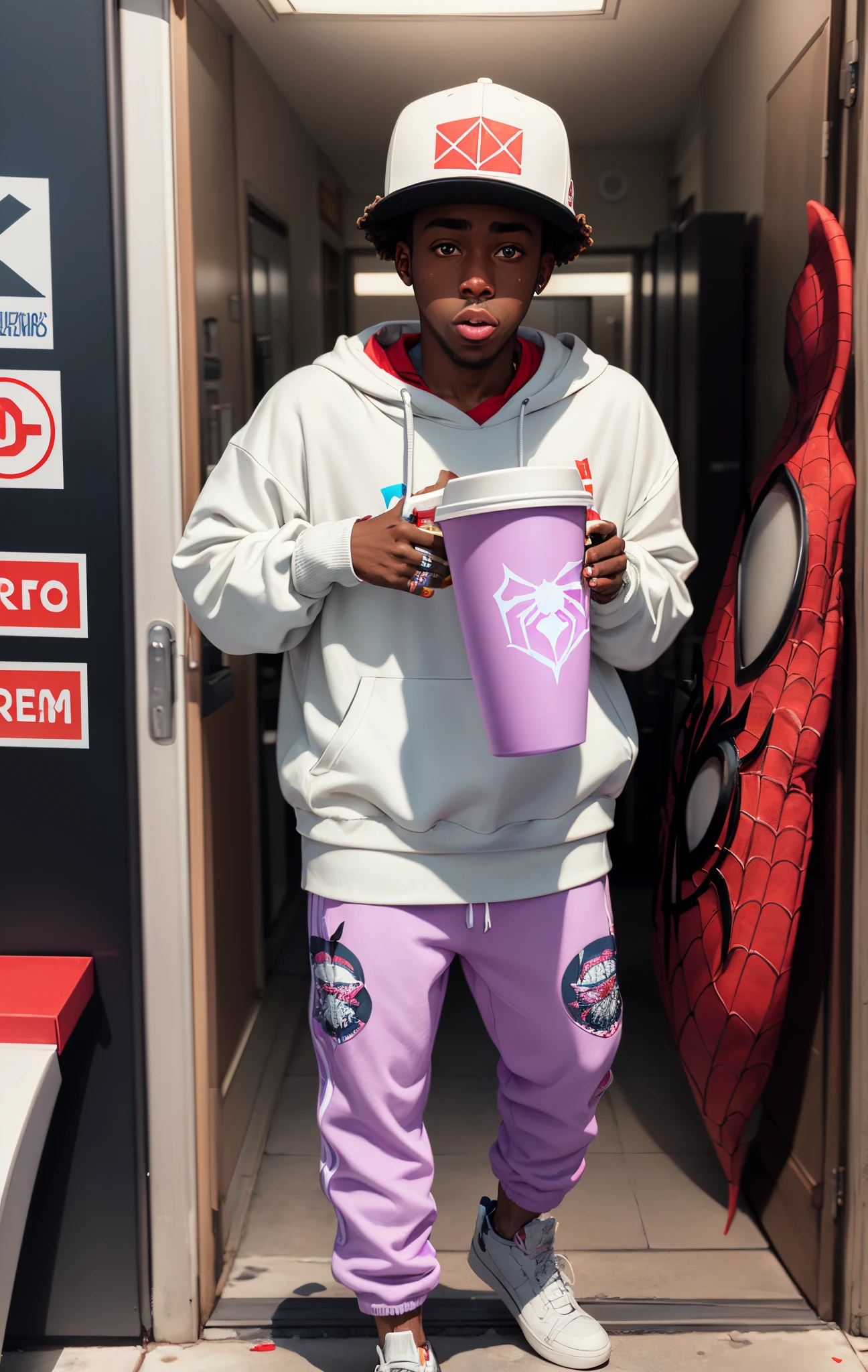 Tyler the creator wearing hat that says spiderman on it holding a white styrofoam cup with light purple juice in it in PlayStation 1 graphics in fish eye filter