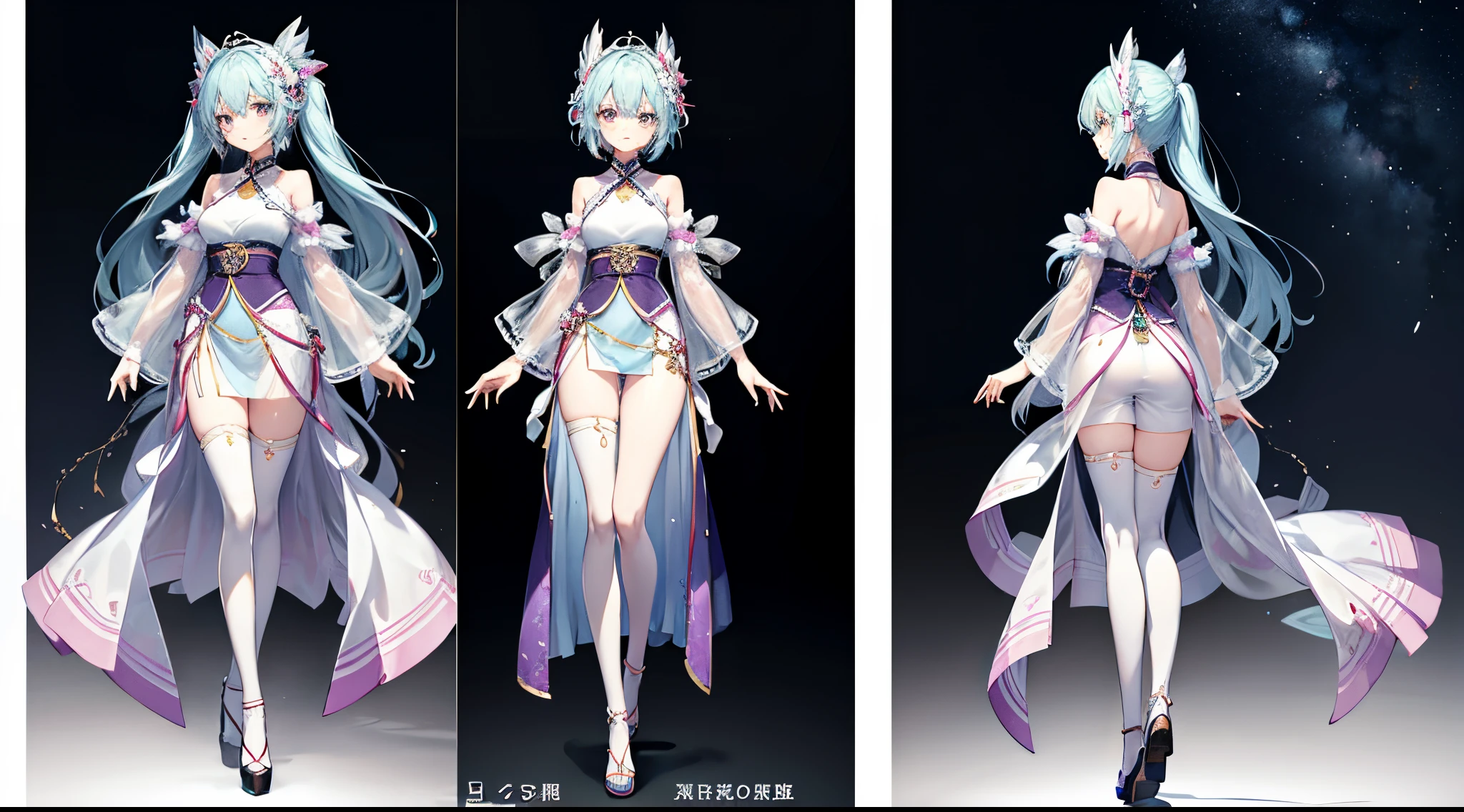 ,(Character drawings,down view,the sideview,Top view,Back view,Front view 1.8)This is Fairy Zixia standing by the pavilion,(Wearing sexy lavender see-through mesh halterneck bellyband uniform Hanfu hollow 1.5),Slim, long, Beautiful legs in stockings,Perfect body proportion, long slim figure,( Character 1 close-up full body photo.2),(Happy happy shy expression),A large number of complex pattern decorations on clothing,