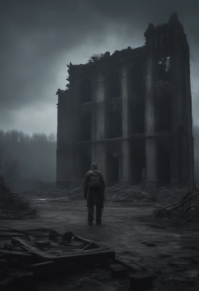 Arafad&#39;s figure standing on the ruins with a backpack，Desolate ruins in the background,Thick fog pervades，downpours，Film grains