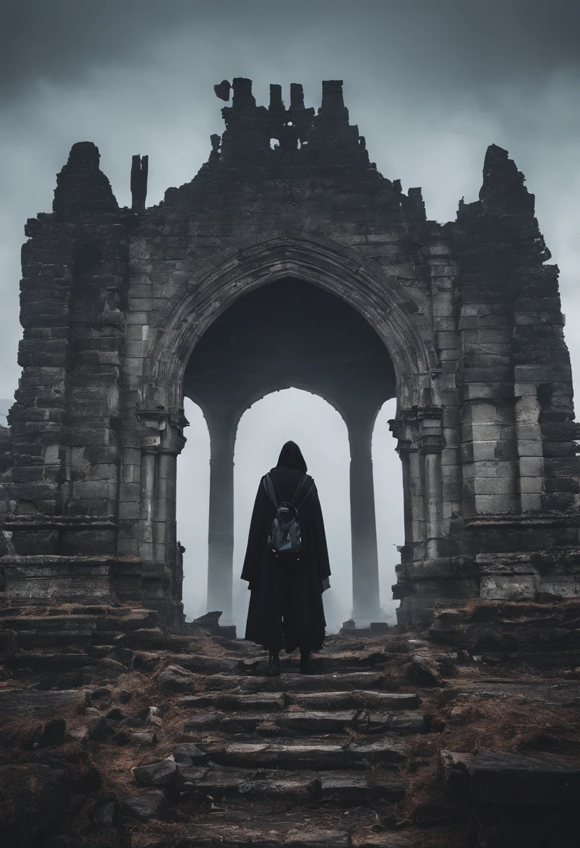 Arafad&#39;s figure standing on the ruins with a backpack，Desolate ruins in the background, Desolate ruins landscape in front,Thick fog pervades，downpours，Film grains
