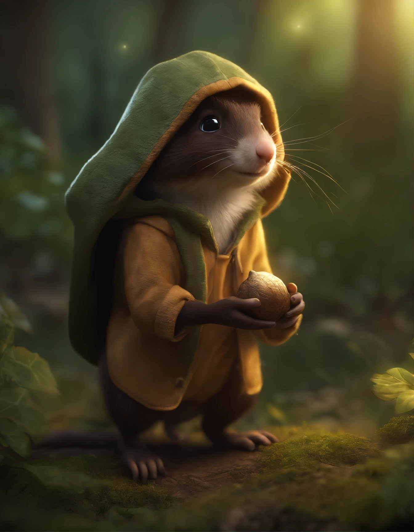 close-up of cute little fireflies, lighting up a bush, detailed picture, cgsociety, Detailed painting, artstation hd, higly detailed, cgsociety, photo realism, ConceptArt, artstation hd, official arts, bokeh ,(CBZBB:1.25),gremlin, gremlin, looks like a mole, ((Ez idna)), in a clearing under an oak tree, holding a large acorn in his paws, five toes on paws, wear a vest with a hood, CBZBB,Cute, Small, baby, Beautiful, Fantasy art, deviant art, trending artstation, Digital Art, Detailed, Realistic, humanoid, character, tiny, Cinematic shot, cinematic portrait of a mole, cute character, looks like a mole,