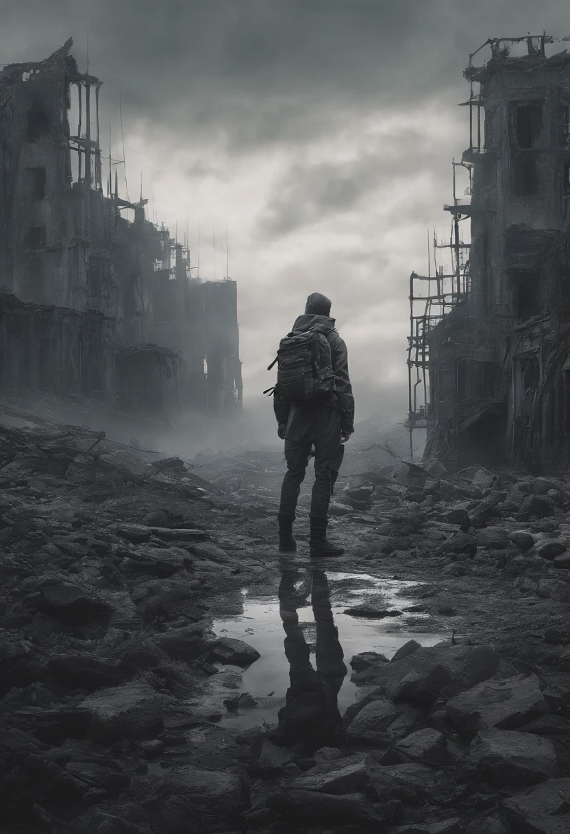 Arafad&#39;s figure standing on the ruins with a backpack，Desolate ruins in the background, Desolate ruins landscape in front,Thick fog pervades，downpours，Film grains