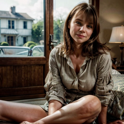 50yo busty Claire danes with light brown hair, with bangs, looking at the camera, (bulbous nose) (large mouth), (closed mouth), (wide smile), (black skirt), legs, sexy, (full lips), sitting, (Claire danes), Homeland, (Claire danes), (50 years old) , (aged natural skin). (Big eyes with crows feet), (open loose shirt) (showing breasts)